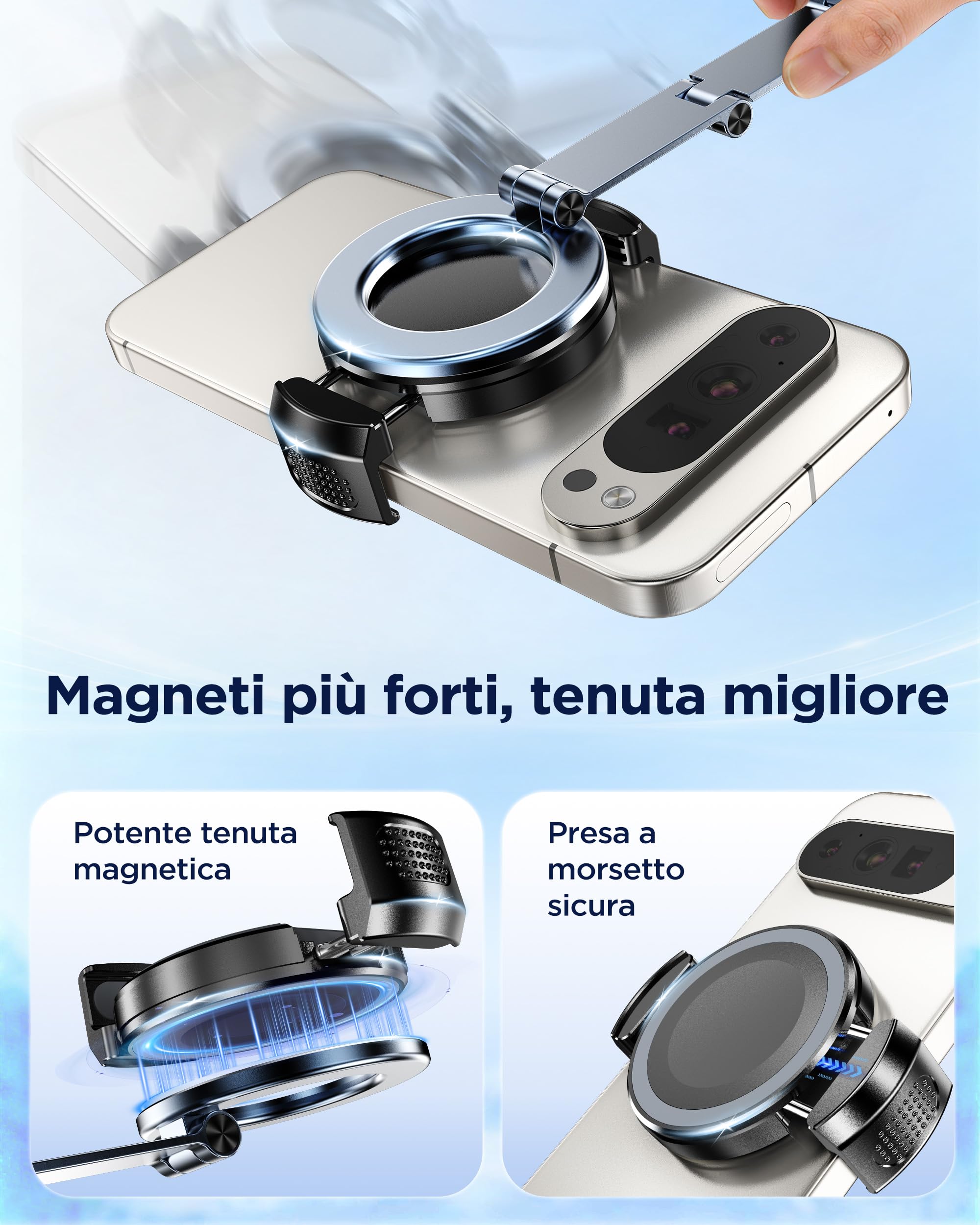 MSXTTLY Supporto Magnetico Auto con Clip Adattatore, Vmag-S3 Braccio Lungo + Clip, Senza MagSafe, Senza Anello, Posizione Flessibile, per iPhone e Android
