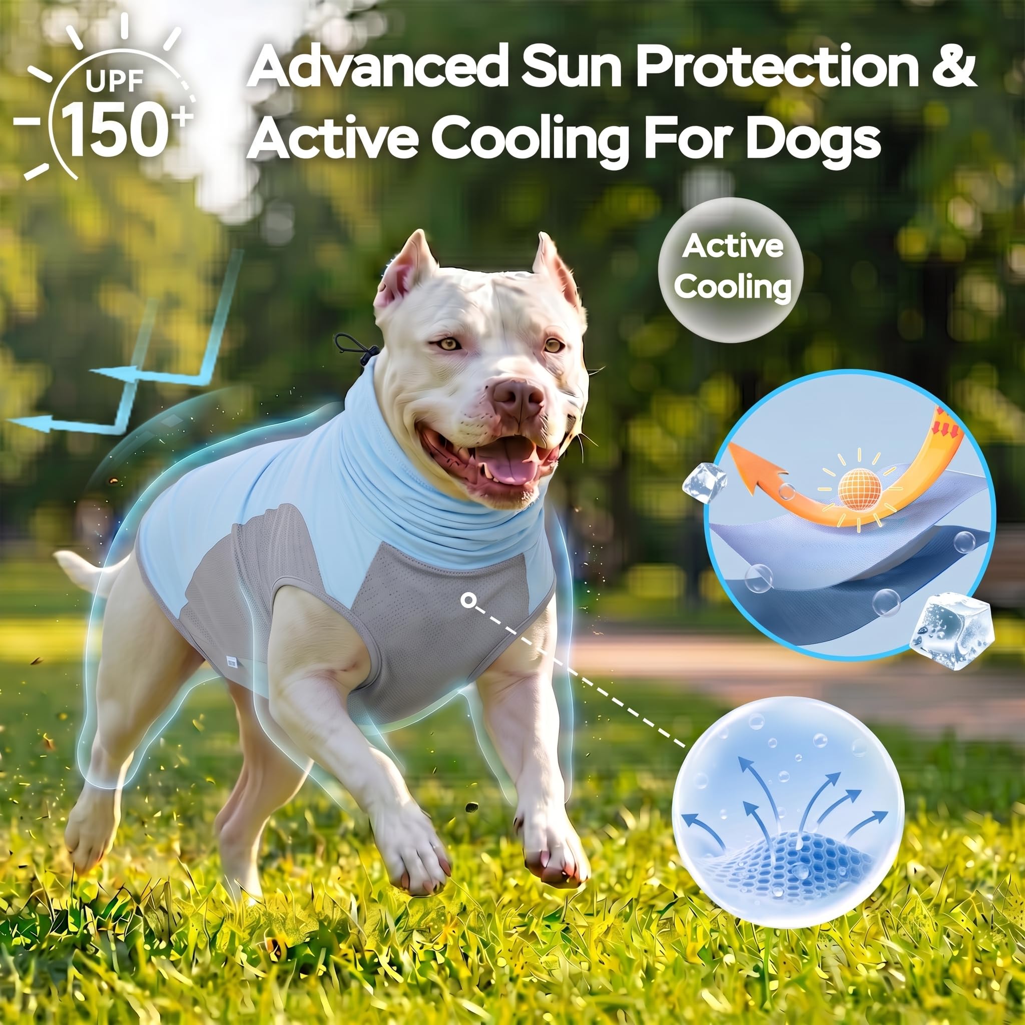 LovinPet Chemise solaire UPF 150+ pour chien, sans manches, col haut, protection UV, vêtements pour grandes races, gilet d'extérieur léger à séchage rapide avec panneau ventral respirant, bleu clair