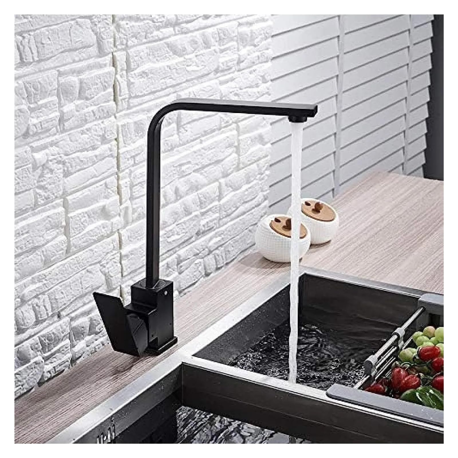 Moderne, mattschwarze Küchenarmatur mit 360°-Drehung, Oberfläche in gebürstetem Nickel, Kalt- und Warmwasseranschluss, integrierte Rillen für Kühlung und Heizung, verschleißfest und auslaufs