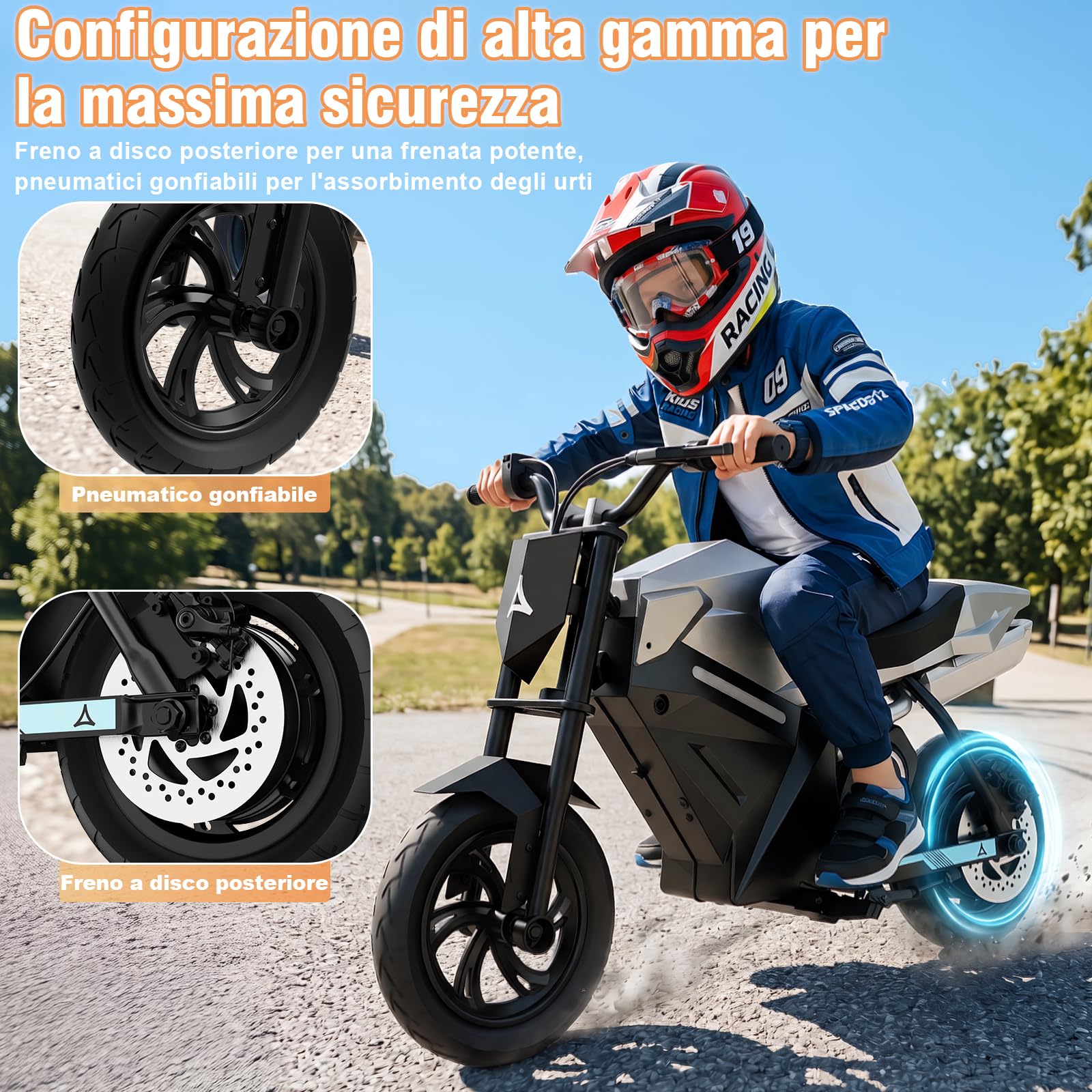 Motocicletta Elettrica per Bambini, Mini Moto Cross con Motore Posteriore 350W (Picco), Batteria al Litio 21.6V 4Ah, Autonomia 16km, Pneumatici Gonfiabili da 12.5", Freno a Disco, CE