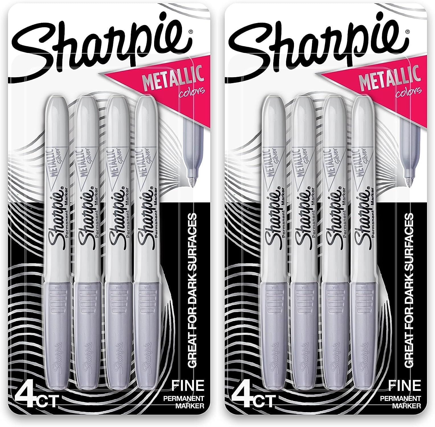 Sharpie 39109PP Metallic Permanent Markers, Fine Point, Silver, 4 Count, 2 Pack