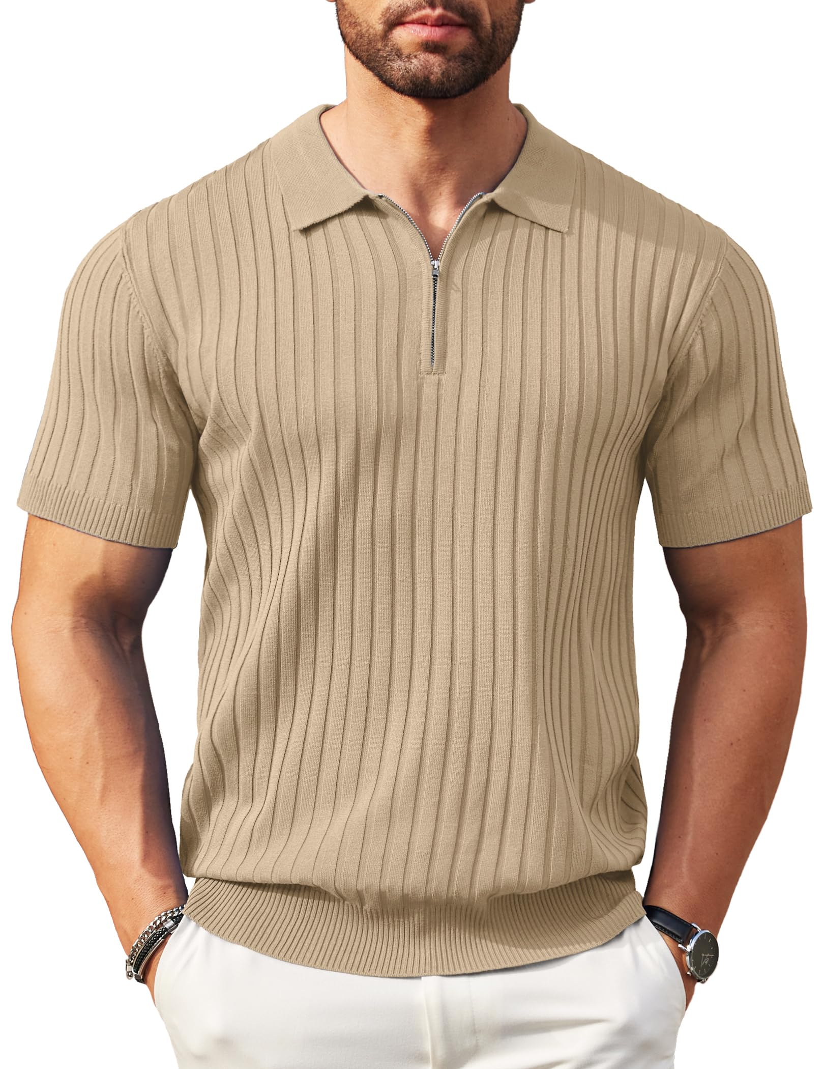 COOFANDY Herren Poloshirt mit Reißverschluss Sommer Kurzarm Strick Gestreiftes Polohemd Stretch Golf Casual Polo Shirt