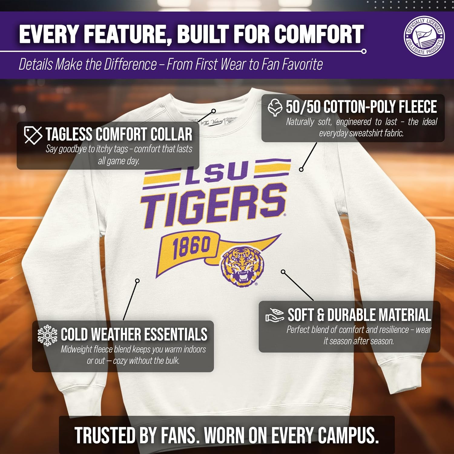 Campus Colors NCAA Adult Unisex Varsity Club Pennant Crewneck Fleece Sweatshirt, Cozy Cotton Poly Blend, Classic Design - Image 2