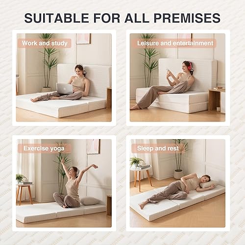 Miniatura 9 de Colchón plegable, cubrecolchón de espuma viscoelástica triple portátil de 4 pulgadas, certificado CertiPUR-US, con funda lavable, cama de invitados