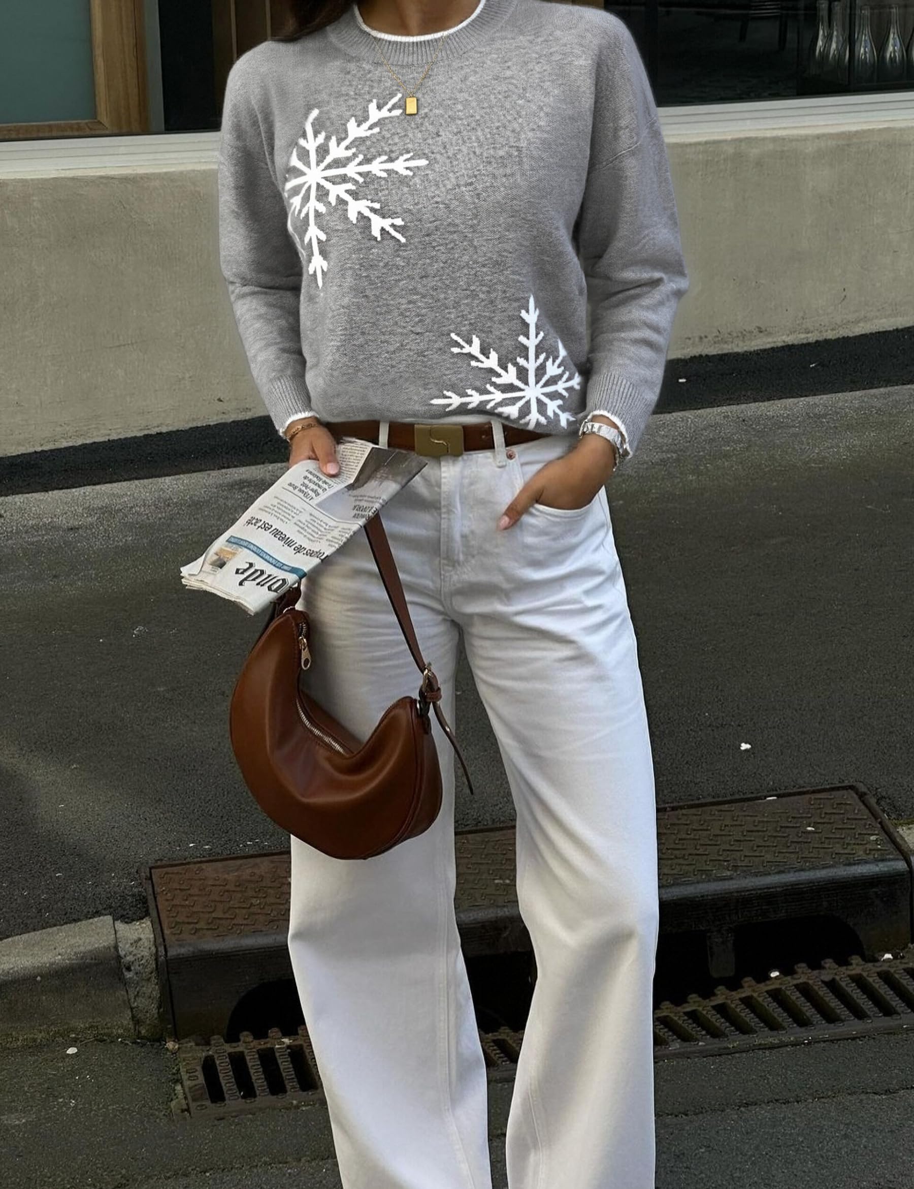 Demegimi Pullover Damen Schneeflocken Weihnachtspullover Rundhals Elegant Strickpullover Herbst Langarm Oberteile Winter Pulli Sweatshirt