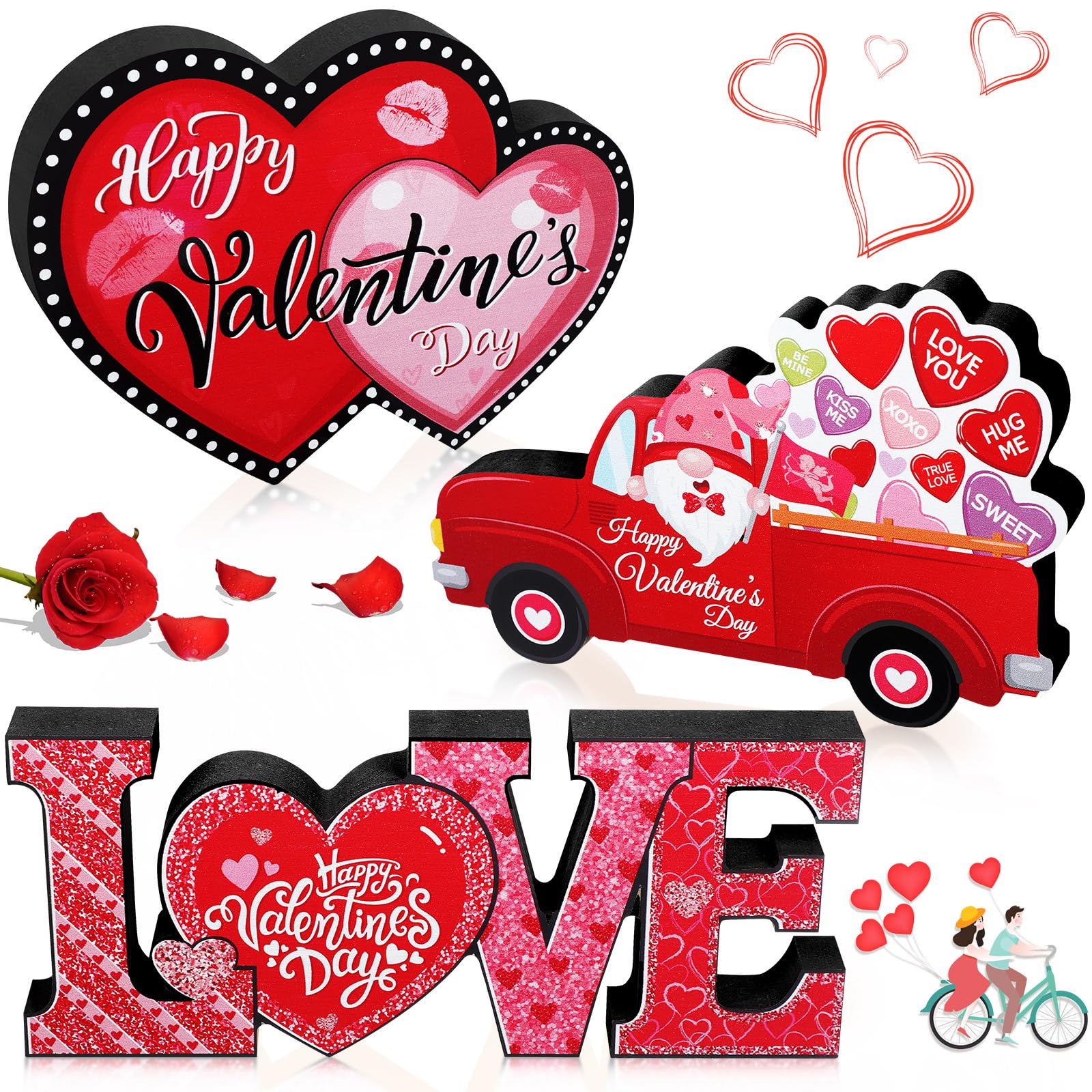 Amazon.com: 3 Pieces Valentine's Day Table Sign Decoration Valentines Wooden Tabletop Signs Love ...