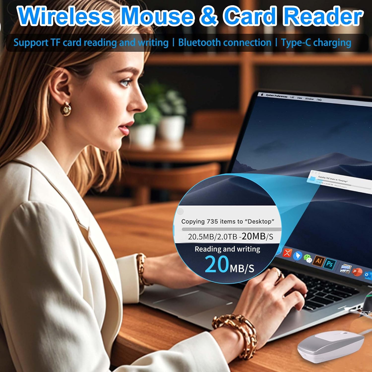 Mini Wireless Bluetooth Mouse, with Card Reader (Up to 2TB) Portable Small Silent Rechargeable Optical Travel Thin Finger Mice 3 Levels DPI for PC/Smartphone/Laptop/Tablet Student Kids Gift（Silver）