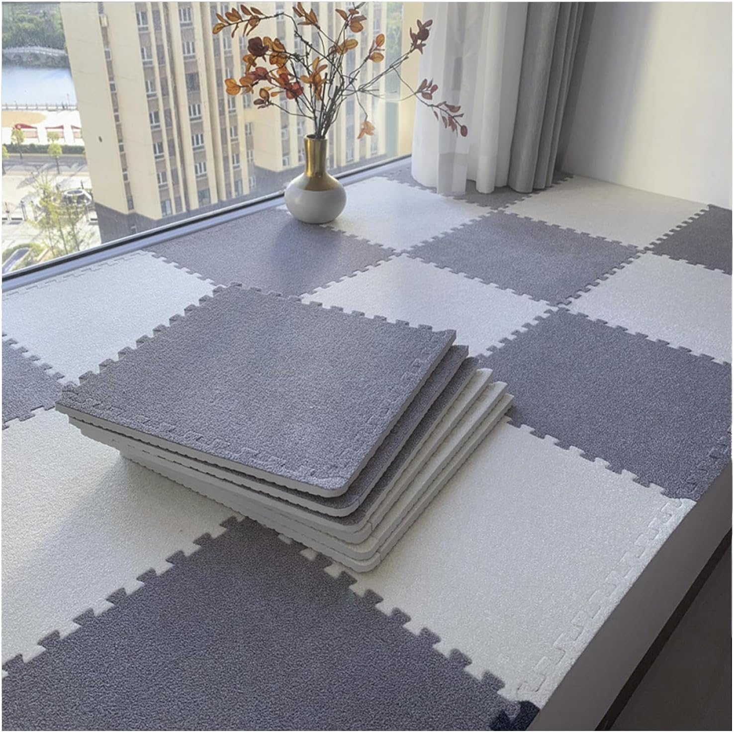 FYYSJW 20pcs Thickened Short Plush Foam Interlocking Floor Carpet Mat 12inch Shaggy Puzzle Play Mat with Border Soft Anti-Slip Sensory Mats Area Rugs,Light Gray+Beige