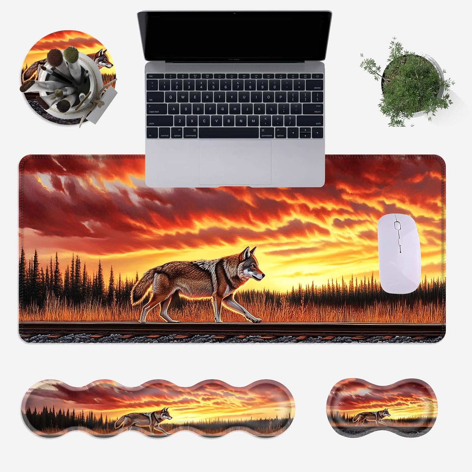 Large Mouse Pad Set,Extended Mouse Pad+Keyboard Wrist Rest Support Desk Pad Memory Foam Ergonomic Easy Typing,31.5×11.8 in Desk Mat Set for Home Office,Wolf at Sunset on Railroad