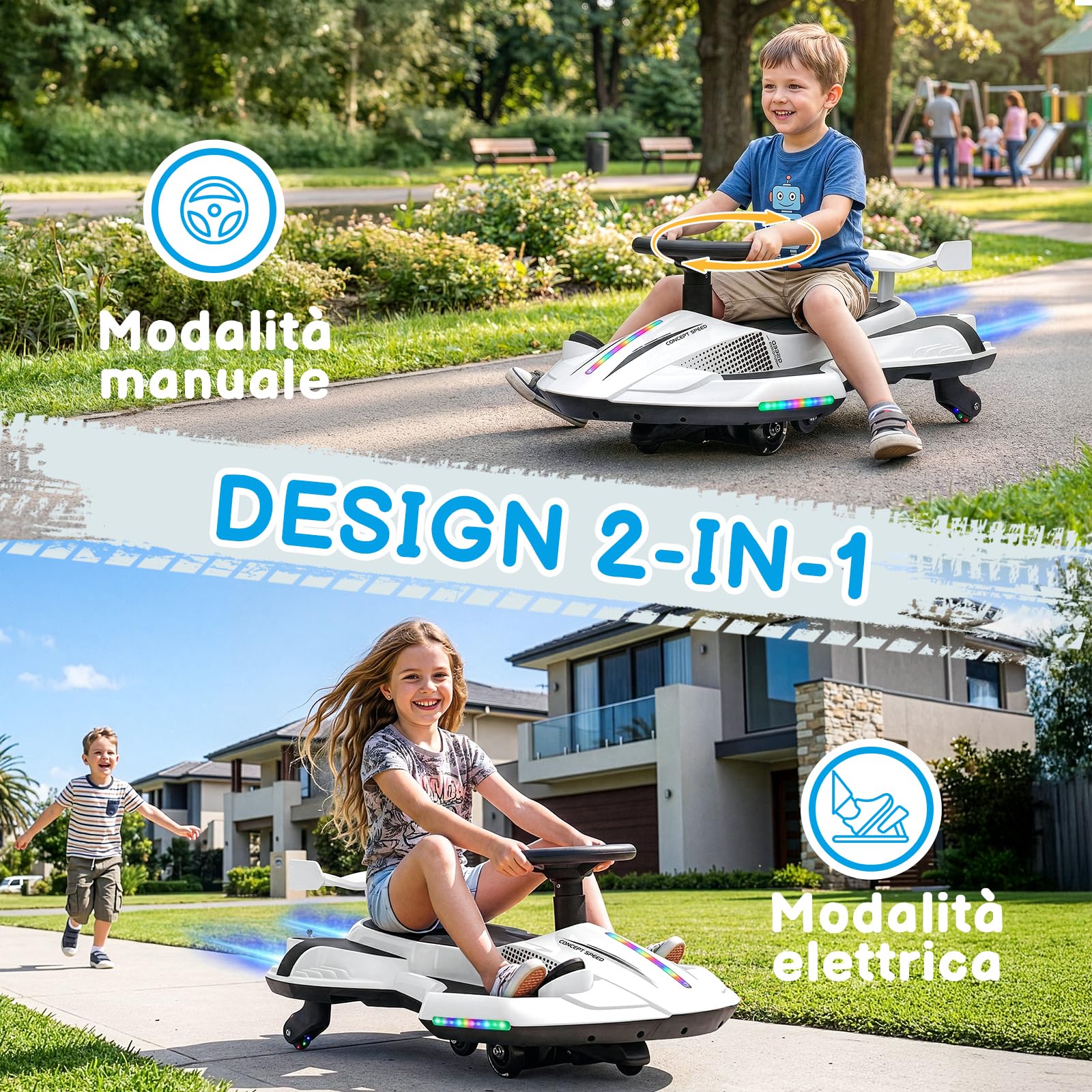 LALAHO Macchina Elettrica Per Bambini 12 V con Pedale, 2 in 1 Auto Elettrica con 2 Velocità, Luci LED, Protezione Antiribaltamento, ruote luminose, per bambini dai 3 anni in su (Bianco-Nero)