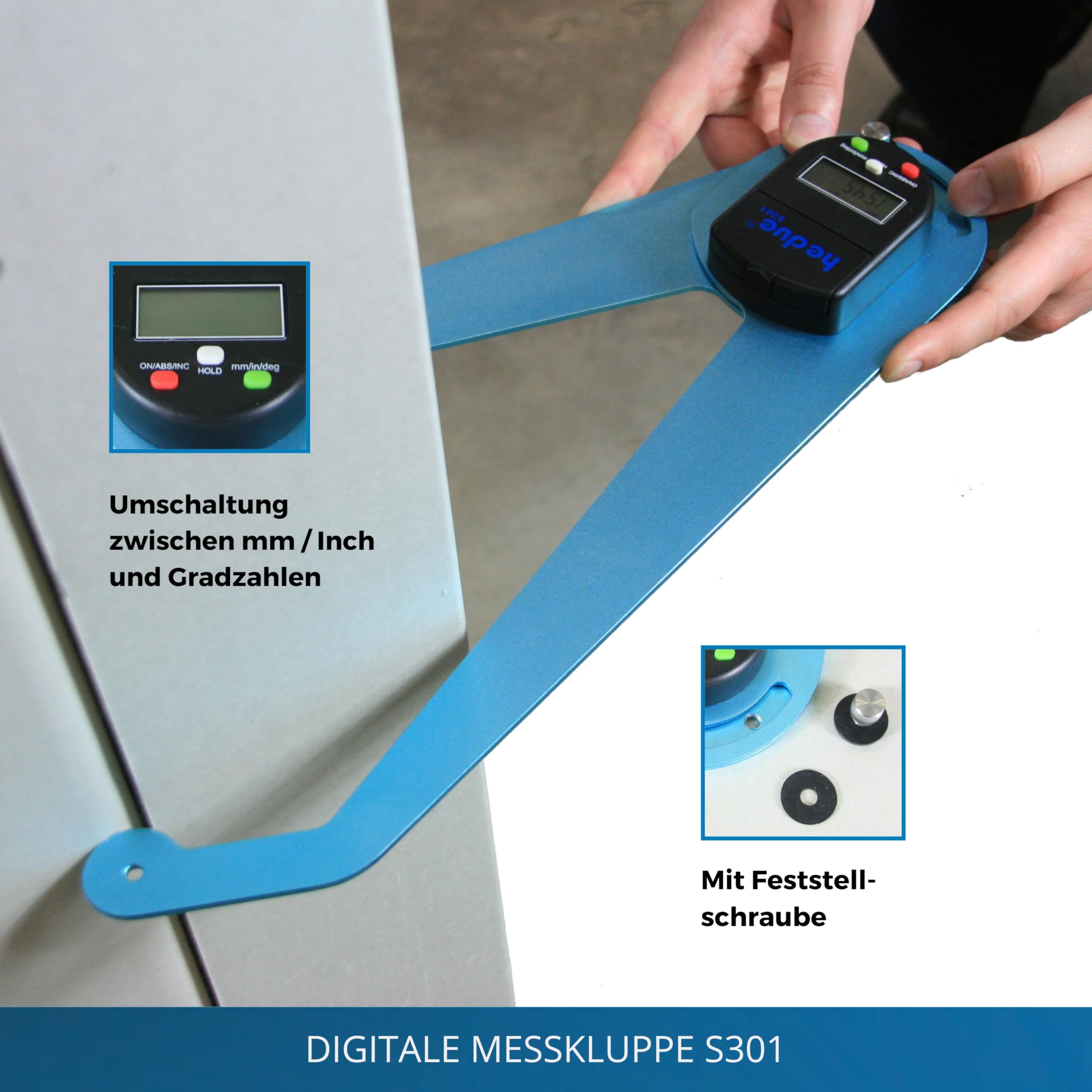 Digitale Messkluppe S301 - Kluppe als Wanddickenmessgerät, Dickenlehre, Glasdickenmesser digital und Winkelmesser in einem Gerät, digitaler Messchieber 500 mm