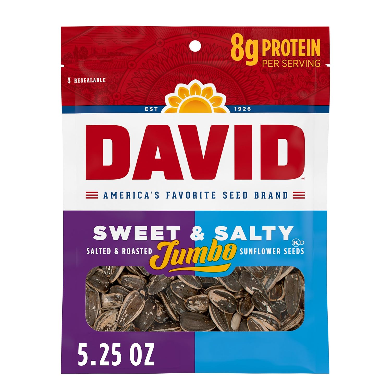 DAVID Roasted and Salted Sweet and Salty Jumbo Sunflower Seeds, Keto Friendly, 5.25 oz, 12 Pack