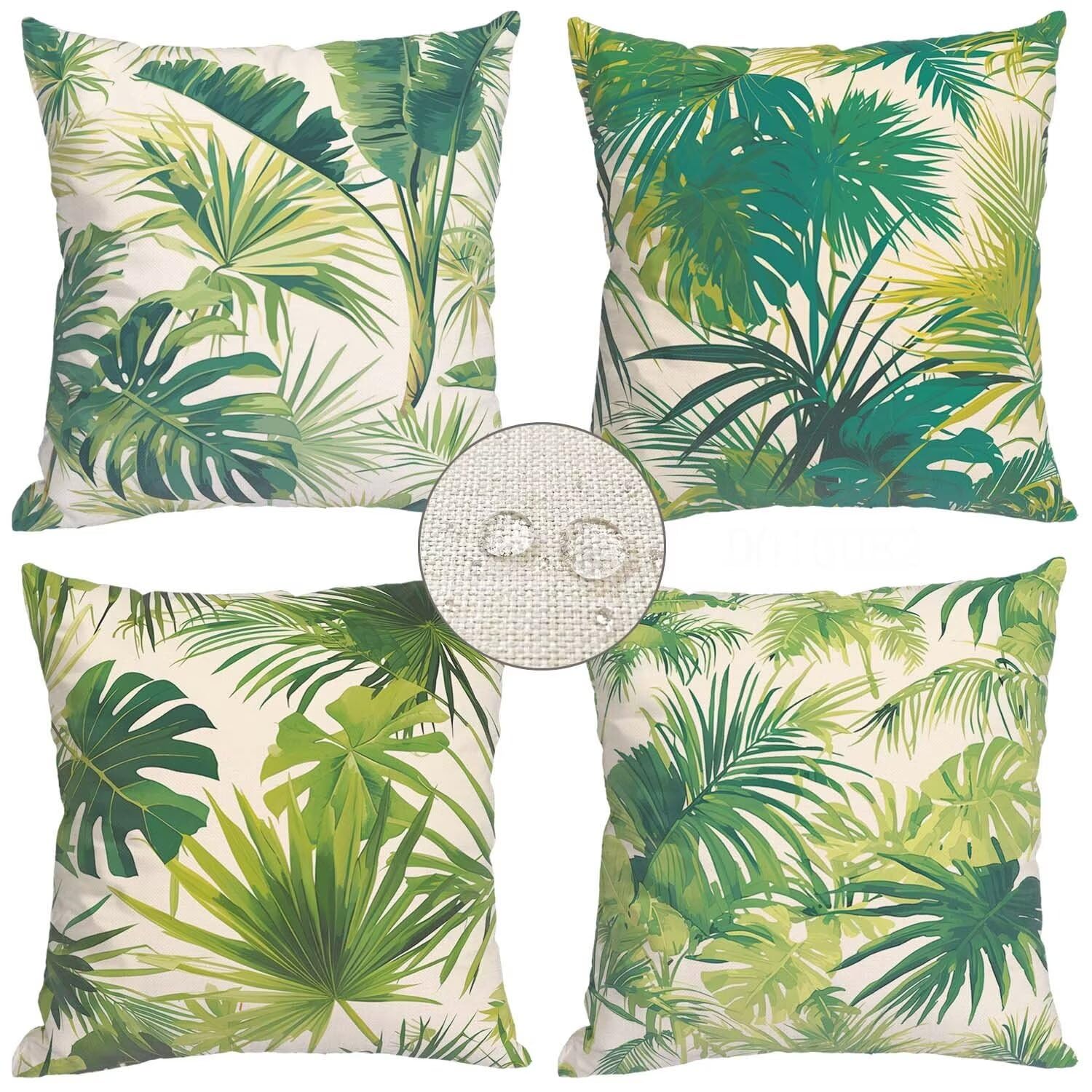 Outdoor Waterproof Cushion Covers 16x16 inch, Green Leaves Cushion Covers Set of 4 Decorative Square Waterproof Linen Throw Pillow Covers for Outdoor Garden Bench Living Room Sofa Decor 40x40cm WT-138