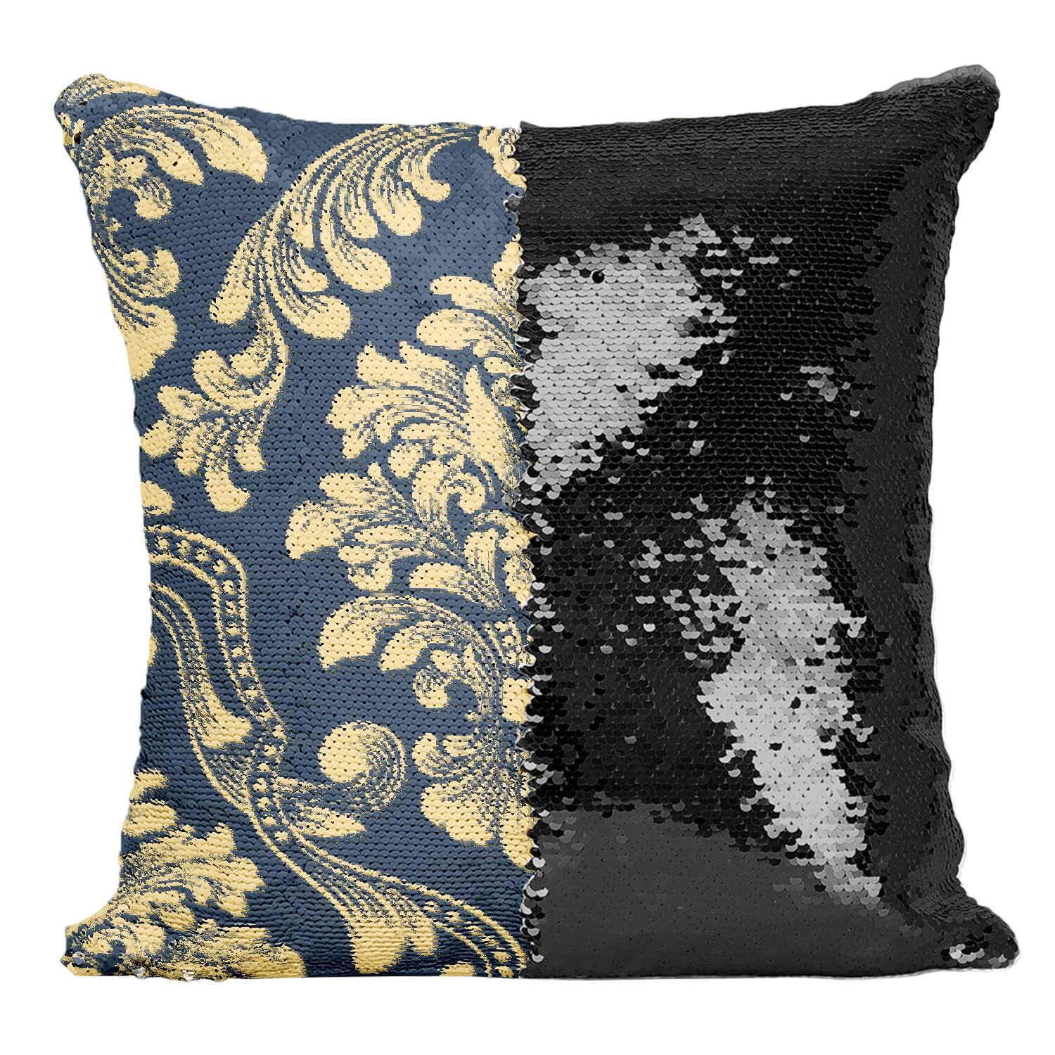 Coussin sequin noir et bleu réversible : housse damas amovible et lavable