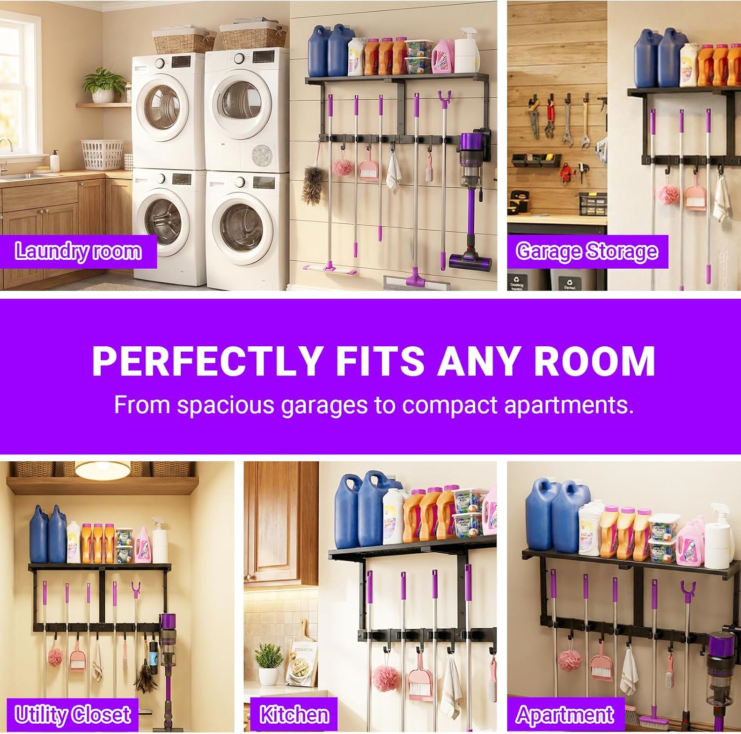 Heavy Duty Broom Holder Wall Mount with Cleaning Supplies Organizer, Space-Saving Laundry Room Organization and Storage Shelves, All-Metal Mop Hanger Broom Rack with Hooks, Garage Organizer Shelf