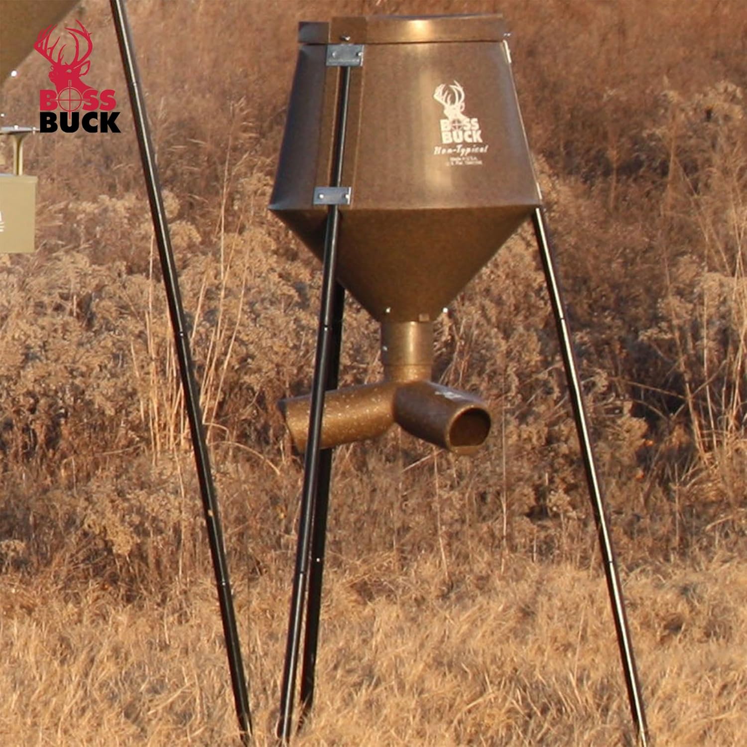 BOSS BUCK 200 LB Deer Feeder/Hunting Durable Lightweight Plastic UV Protected Windproof Waterproof Gravity Feed System with Protein 3 Feed Tubes Head