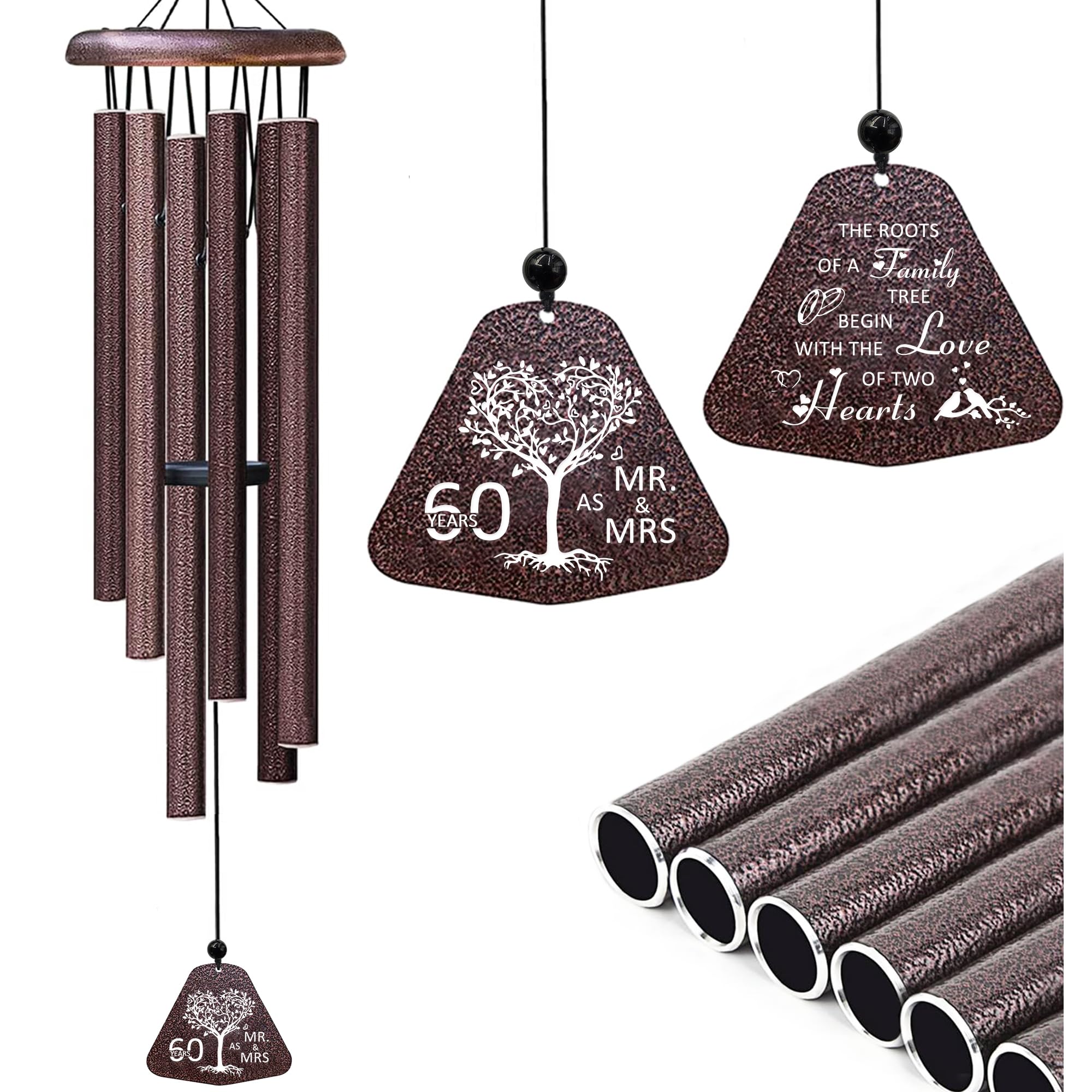 60th Wedding Anniversary Wind Chimes Gifts, Happy 60th Anniversary Decorations Gift for Parents Couple Husband Wife, Romantic 60 Year Anniversary's Keepsake Ideas Wind Chimes for Outside 32"