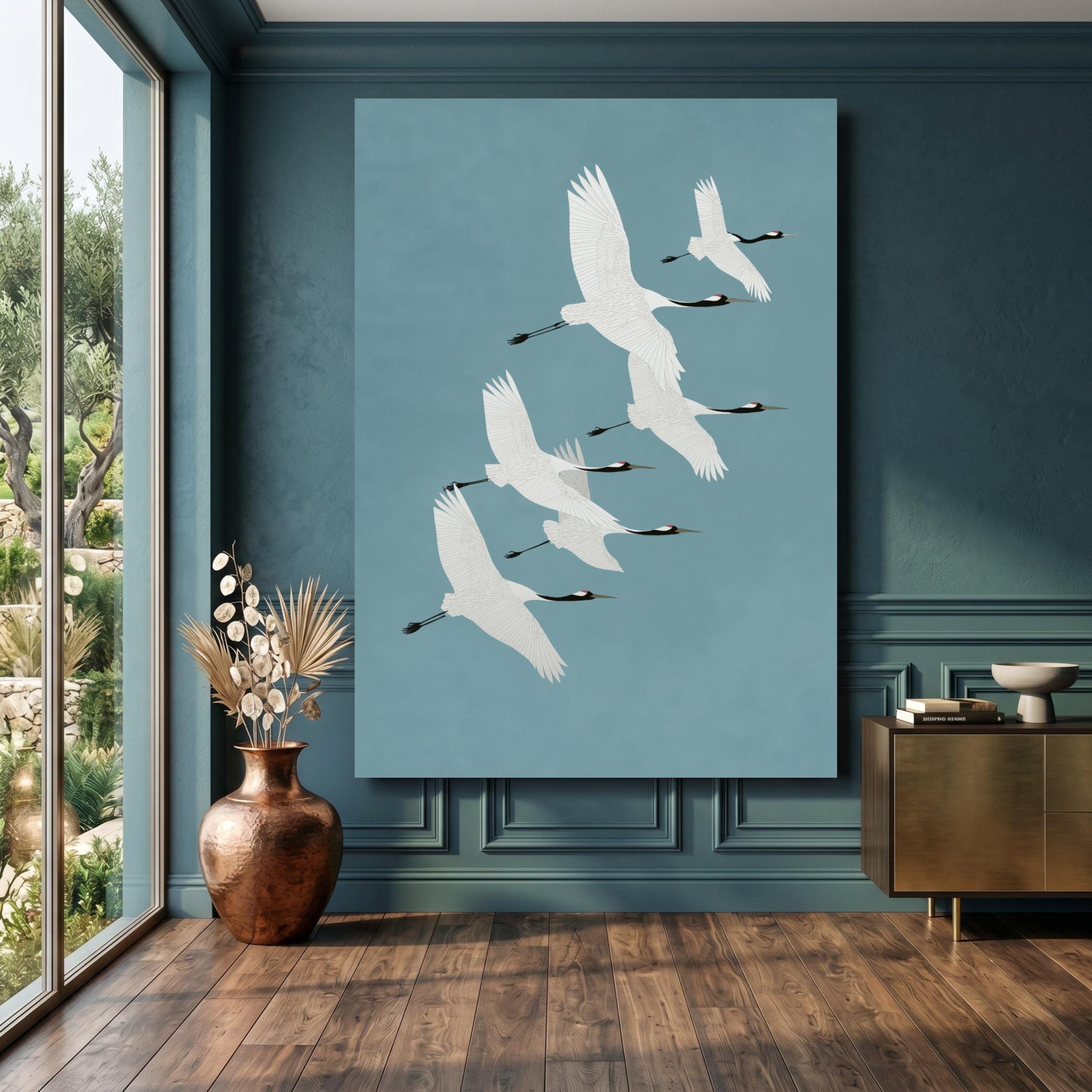 Caoxtart Men's Frameless Crane Birds Flying Painting, Minimalist Canvas Wall Art, Blue Background Posters, Nature Wildlife Animal Canvas Art(60X80cm/Frameless)