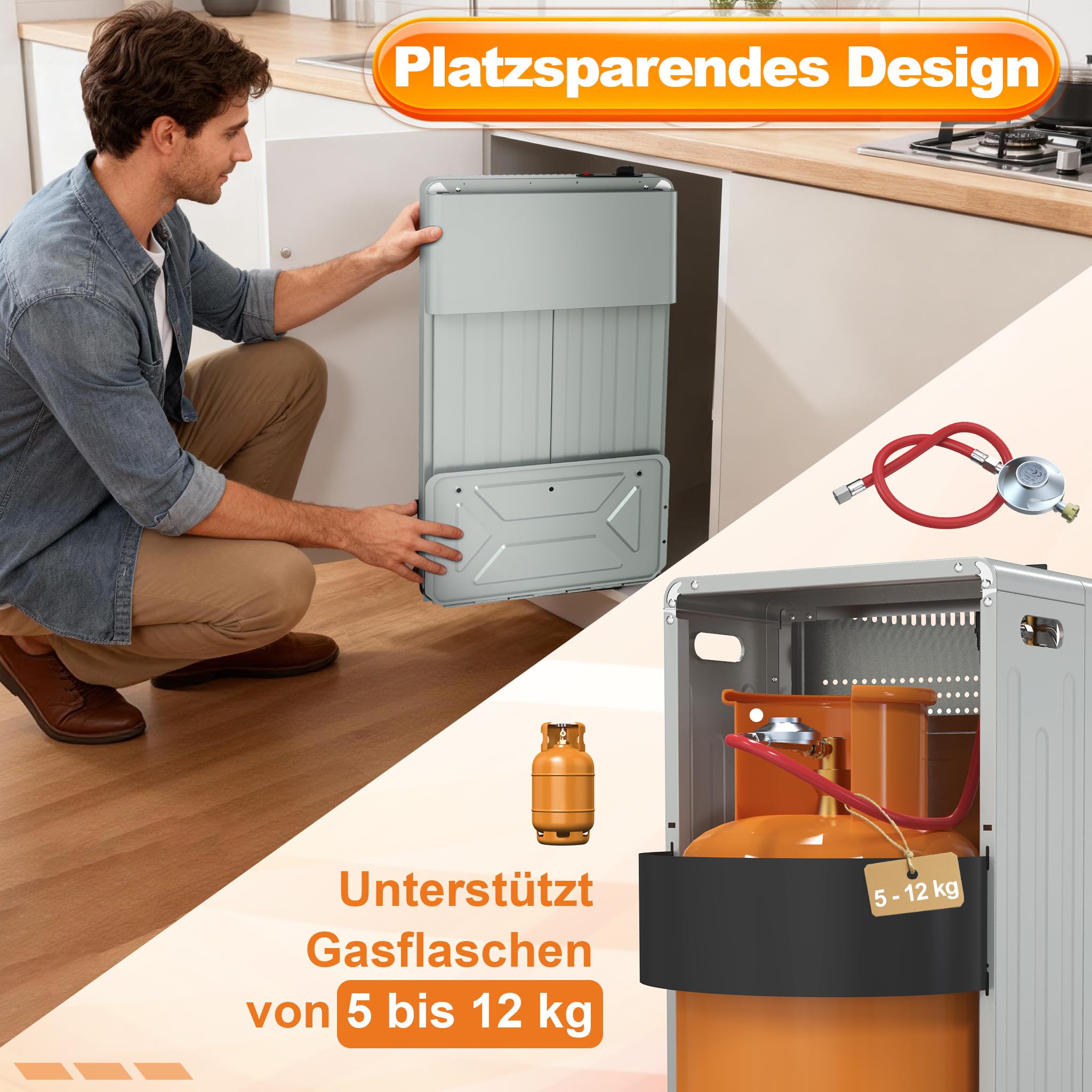 UISEBRT Gasheizung für Innenräume,Gasofen 3 Heizstufen 1500W - 2750W - 4200W,Gasheizer inkl. Gasdruckregler Gasschlauch,Heizstrahler Gasheizgerät, Infrarot, Butan- Propangasflascheng,Grau