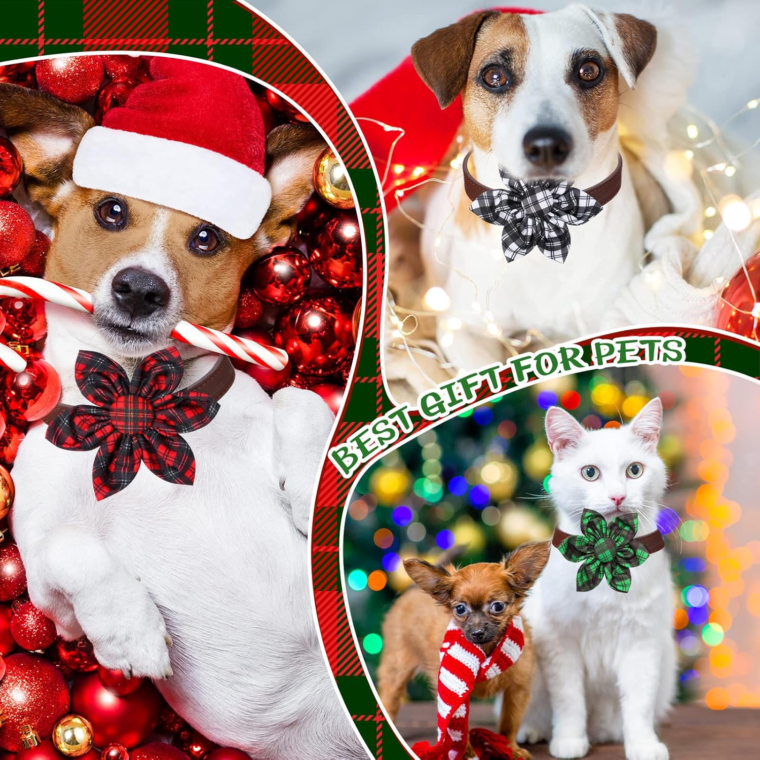 Kigeli 36 Pieces Plaid Christmas Dog Collar Flowers Bulk Dog Bow Ties Dog Charms Grooming for Dog Accessories Small Medium Large Cat Puppy Dog Collar Attachment Christmas Costume