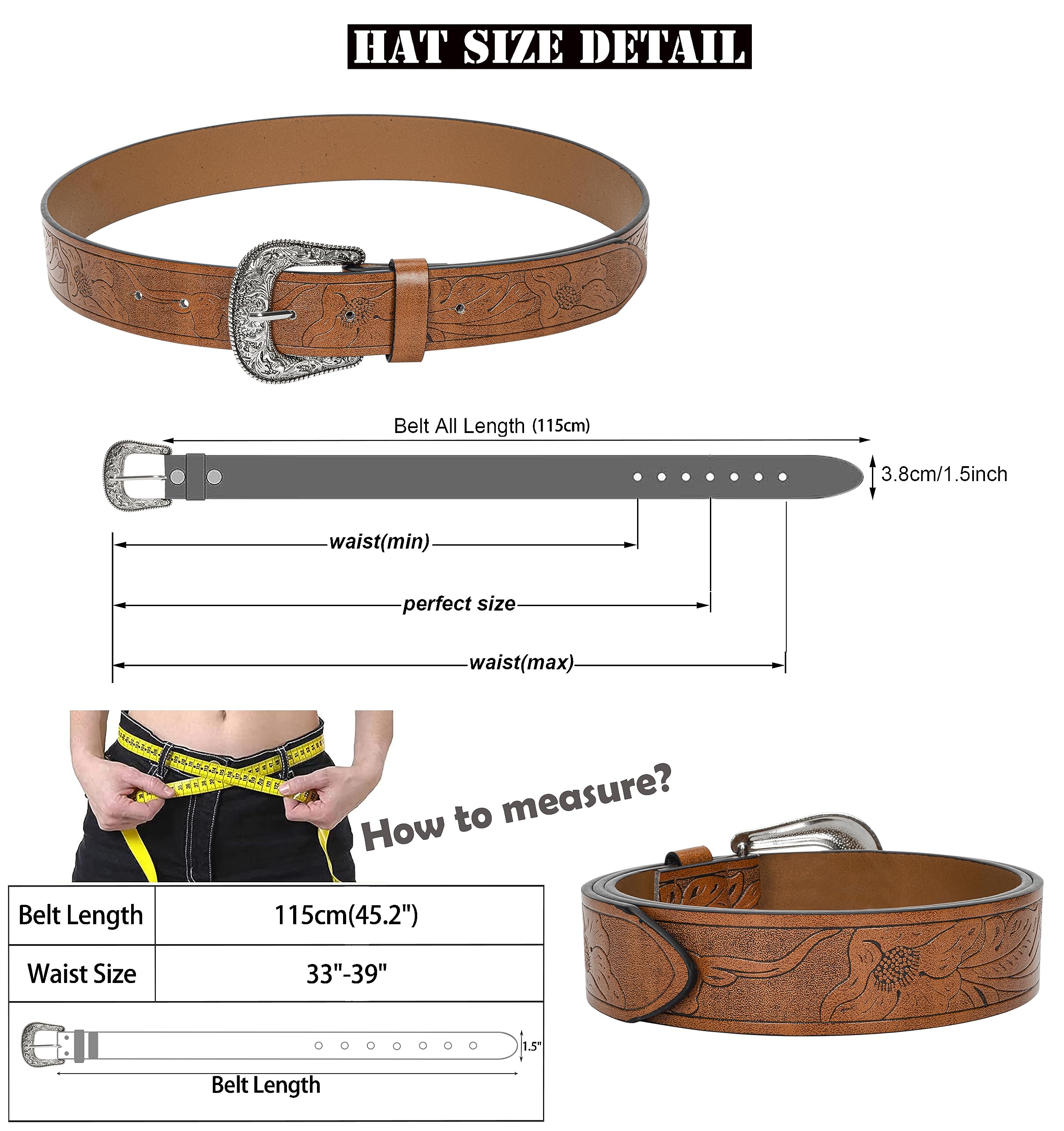INOGIH Adjustable-Vintage-Western-Cowboy-Belt Women Men - Cowboy-Style Engraved-Buckle Belt for Jeans Pants Dresses