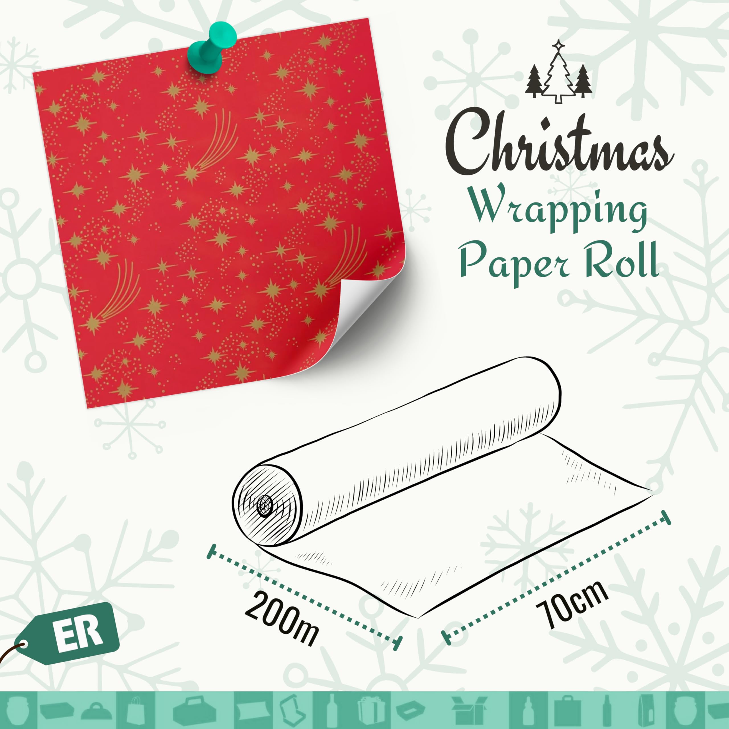 1 rolka papieru prezent świąteczny Starry Holiday 70 cm x 200 m na czerwonym tle | Papier do pakowania na Boże Narodzenie