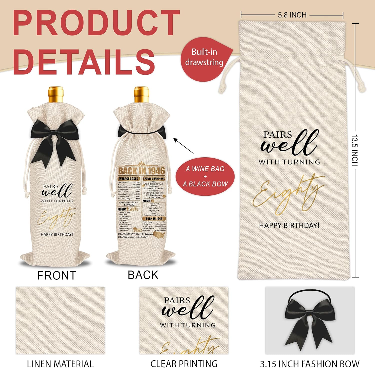 LOhgys 80th Birthday Wine Bag with Black Bow, Pairs Well with Turning 80th Champagne Bottle Bag, Gifts Idea for Women Men Family Friend Coworker, Celebrating Party Decoration Supplies, Born In 1946 image 2