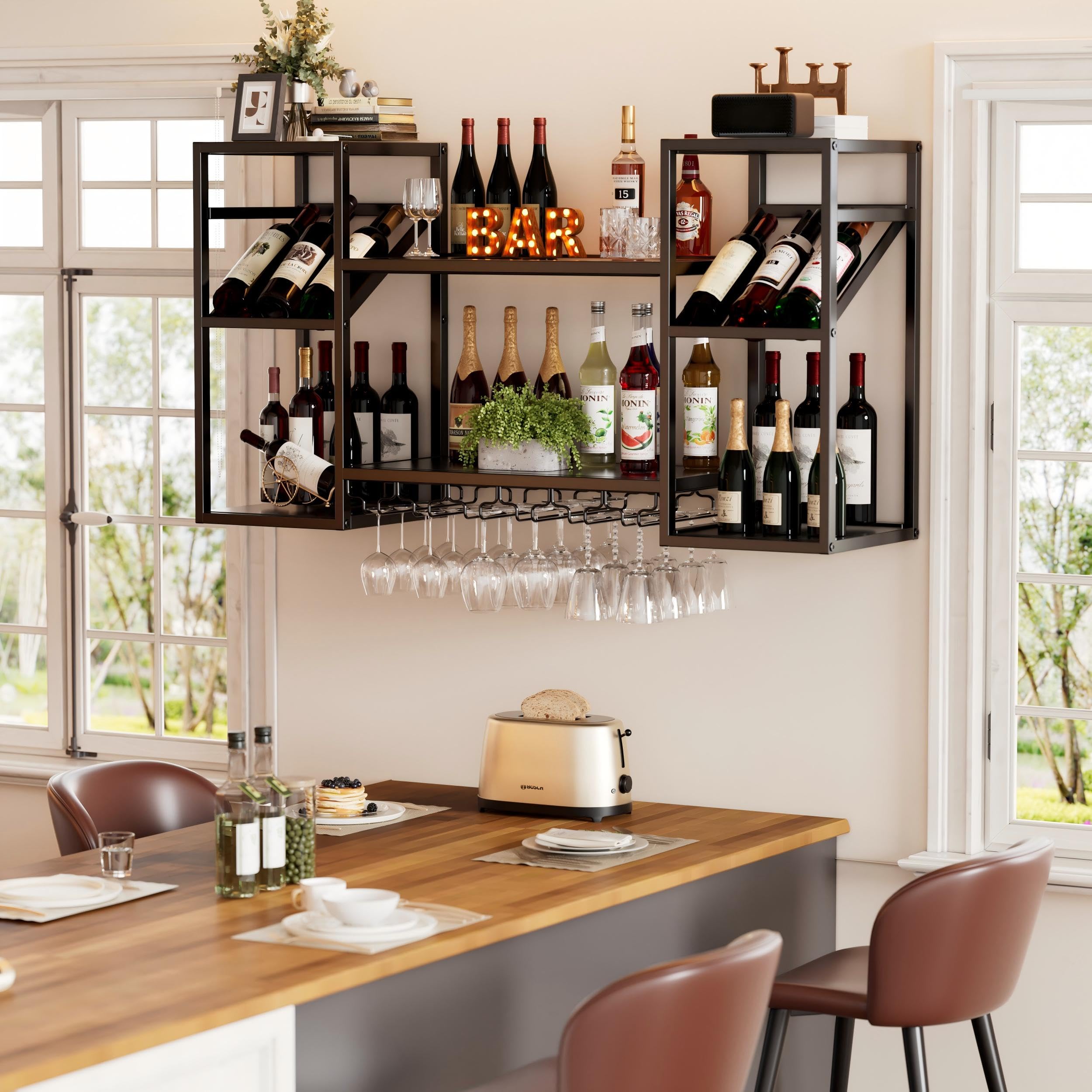 Wand-Weinregal Metall 120CM 3 Ebenen Weinregal Wand mit Glashalter Moderne Barregale für Spirituosen Multifunktional Weinpareite Display Rack für Hausbar Esszimmer Küche Restaurant,Schwarz 120*25*60CM
