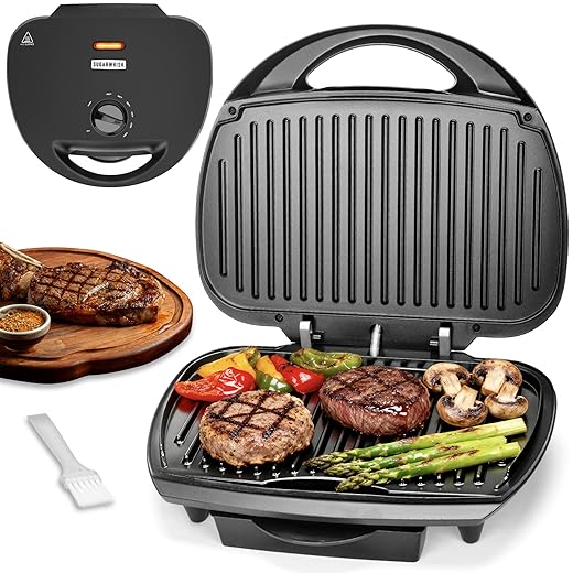 Family-sized Contact Grill, 6-Serving Electric Indoor Grill with Adjustable Temp Control, Ceramic Coating, 1500W, Graphite