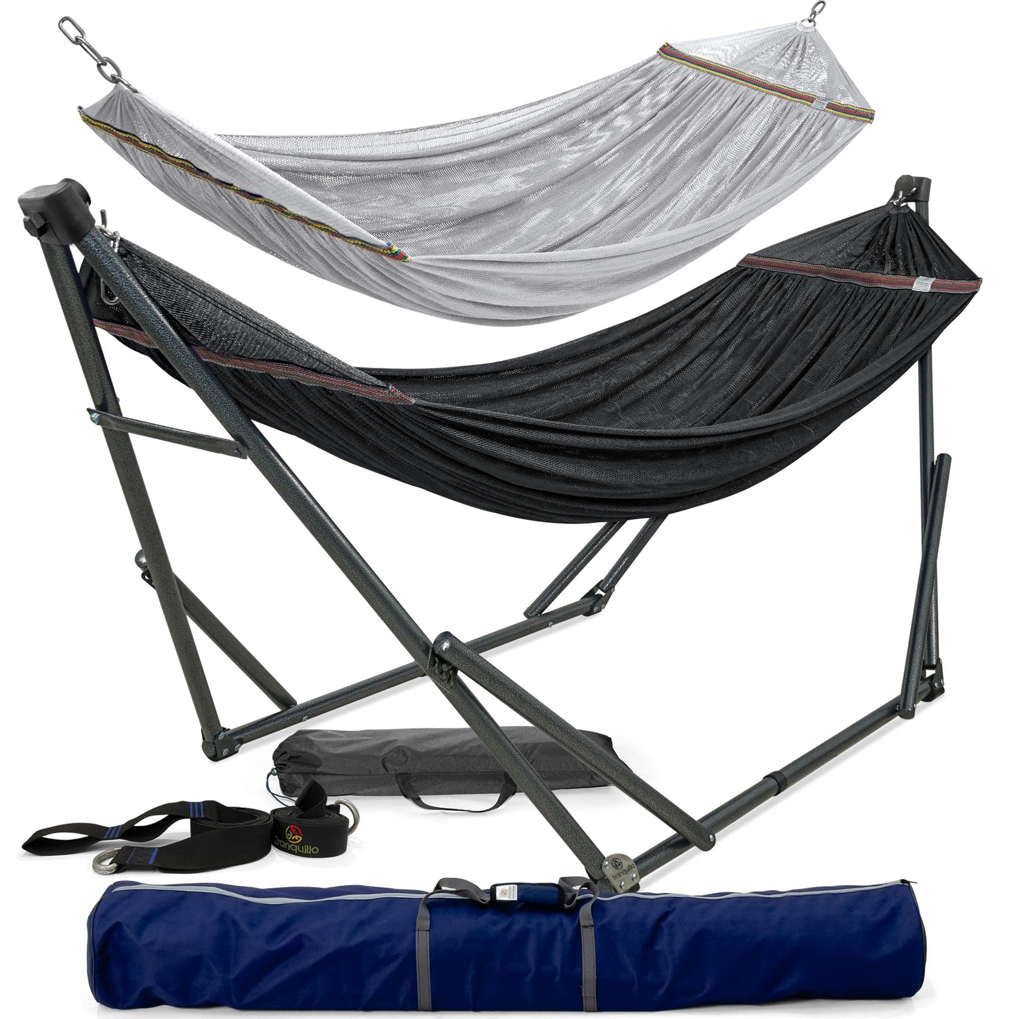 Tranquillo Combo Hammocks with Stand for Outside &amp; Tree Straps, Black