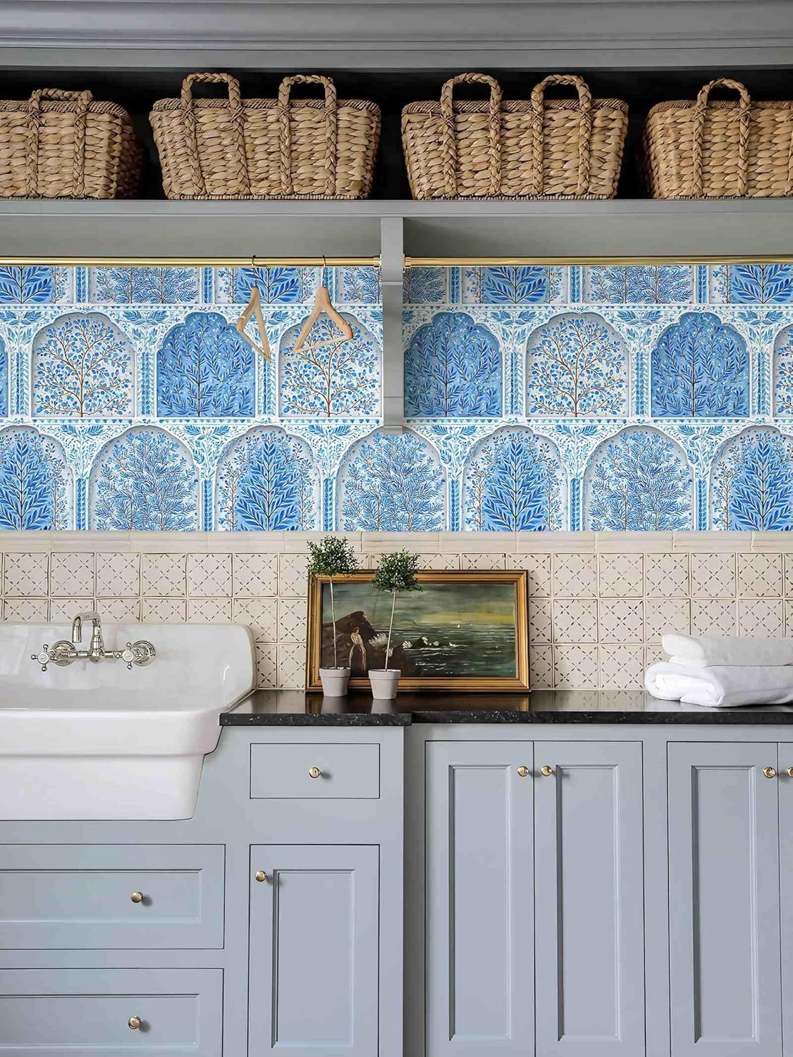 Vintage Blue Mural Peel and Stick Wallpaper, Ornate Arch & Tree Pattern Wallpaper (Blue and White Porcelain Style) for Home Decor | 17.7" x 236", Self-Adhesive, Waterproof Vinyl
