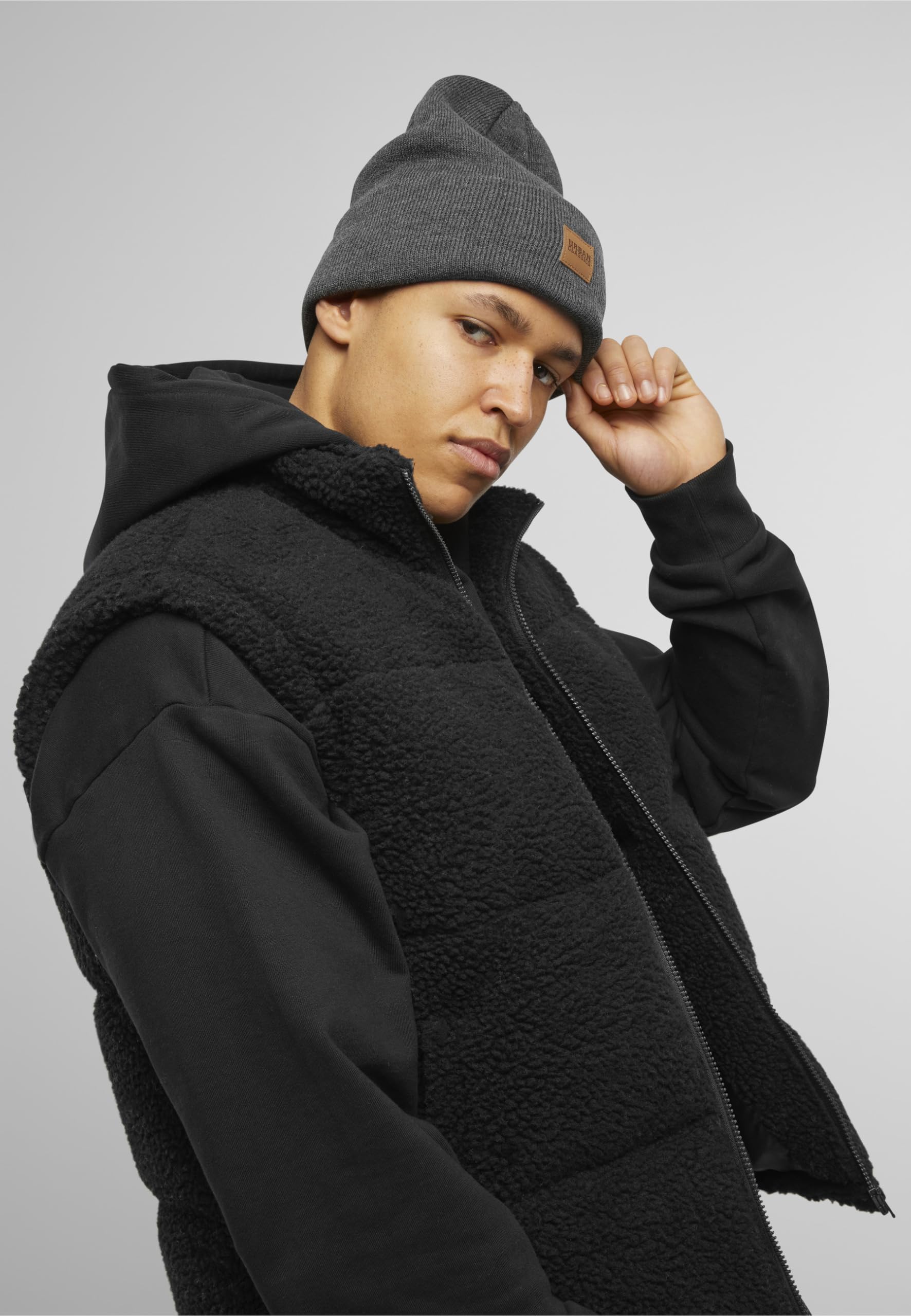 Urban Classics Uniseks Leatherpatch Long Beanie Czapka Zimowa, Szary