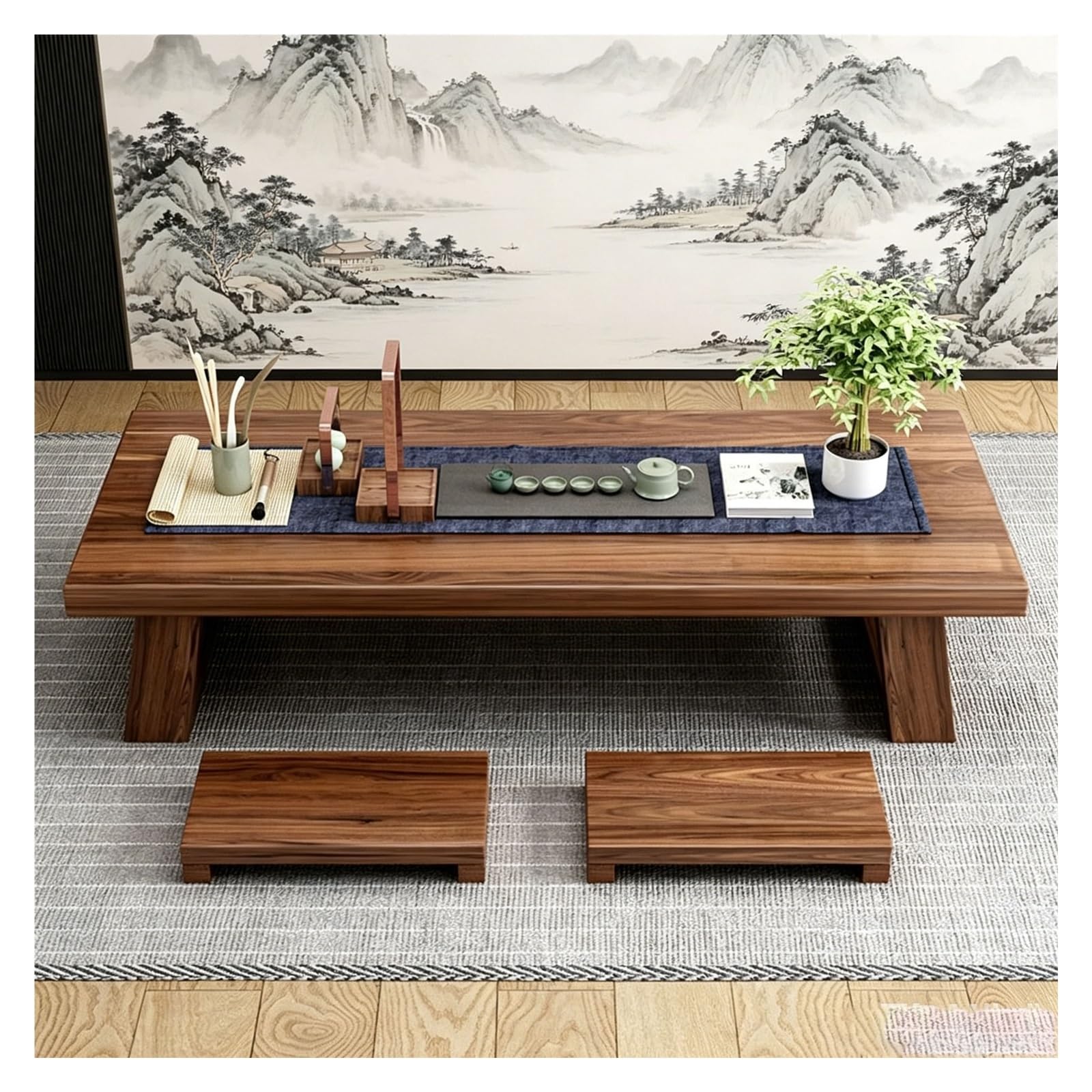 Table basse japonaise bois massif pour créer un espace détente salon