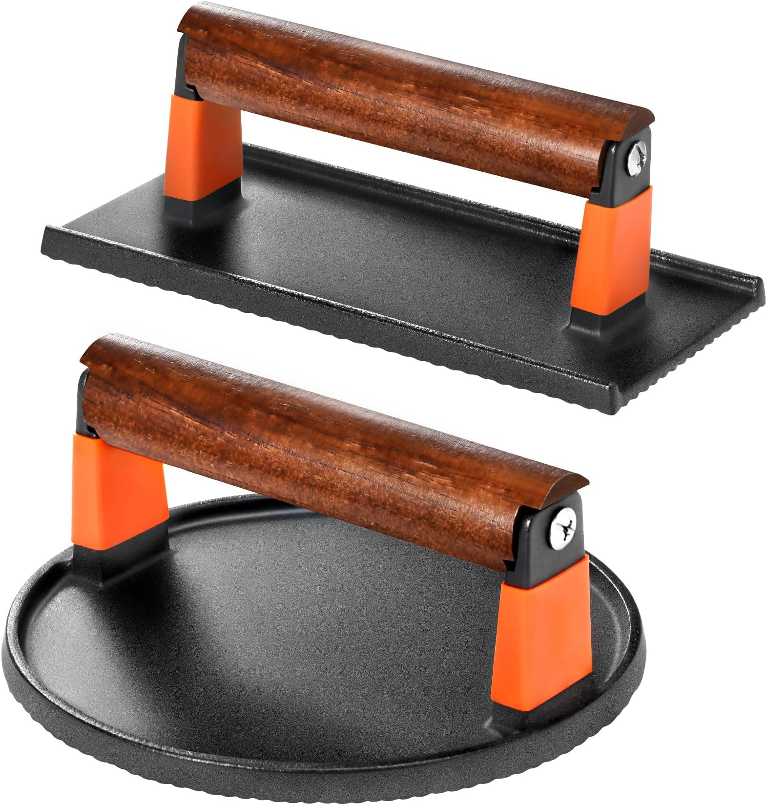 GGC Cast Iron Burger Press Kit, 10" Round and 8"x4" Rectangle Smash Burger Press Set for Grill and Griddle Cooking, 2PCS Meat Press with Wooden Handle for Bacon, Hamburgers, Eggs, Sandwiches