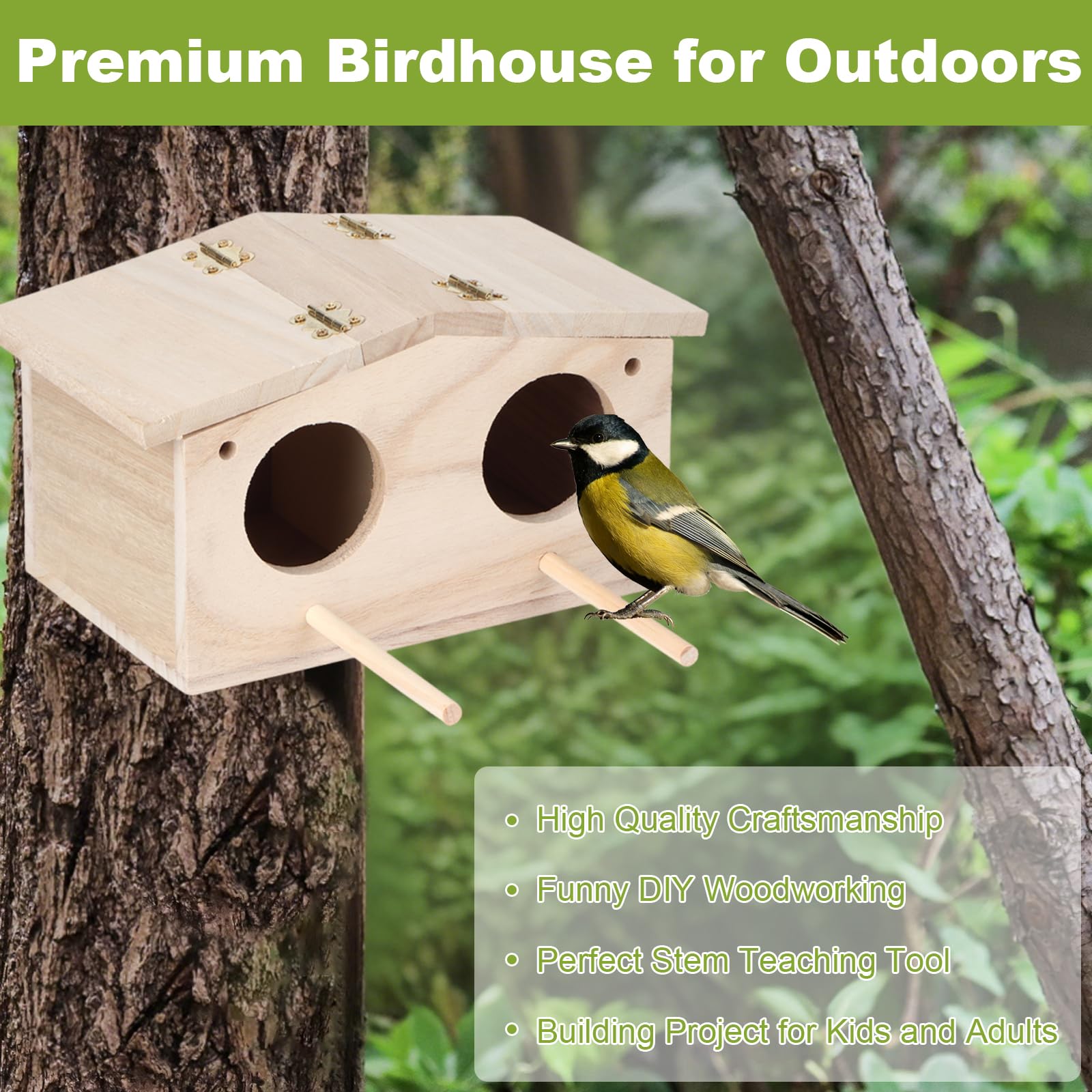 mumisuto Nichoir Oiseaux Exterieur en Bois, Nid Oiseau avec 2 Trous Entrée, Décoration de La Cour de Jardin, Cabane idéal pour Les Espèces Tel Que Les Mésanges