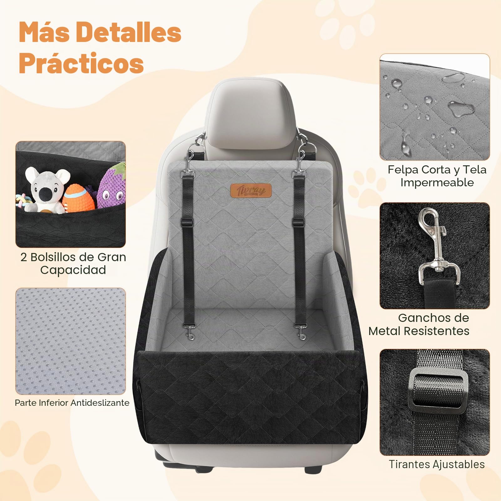 Asiento Elevado para Perros, Asiento de Coche para Mascotas Pequeñas y Medianas hasta 16kg, Cama de Coche Lavable con Espuma Ultra Suave, 3 Cinturones de Seguridad y 2 Bolsillos, Negro + Gris