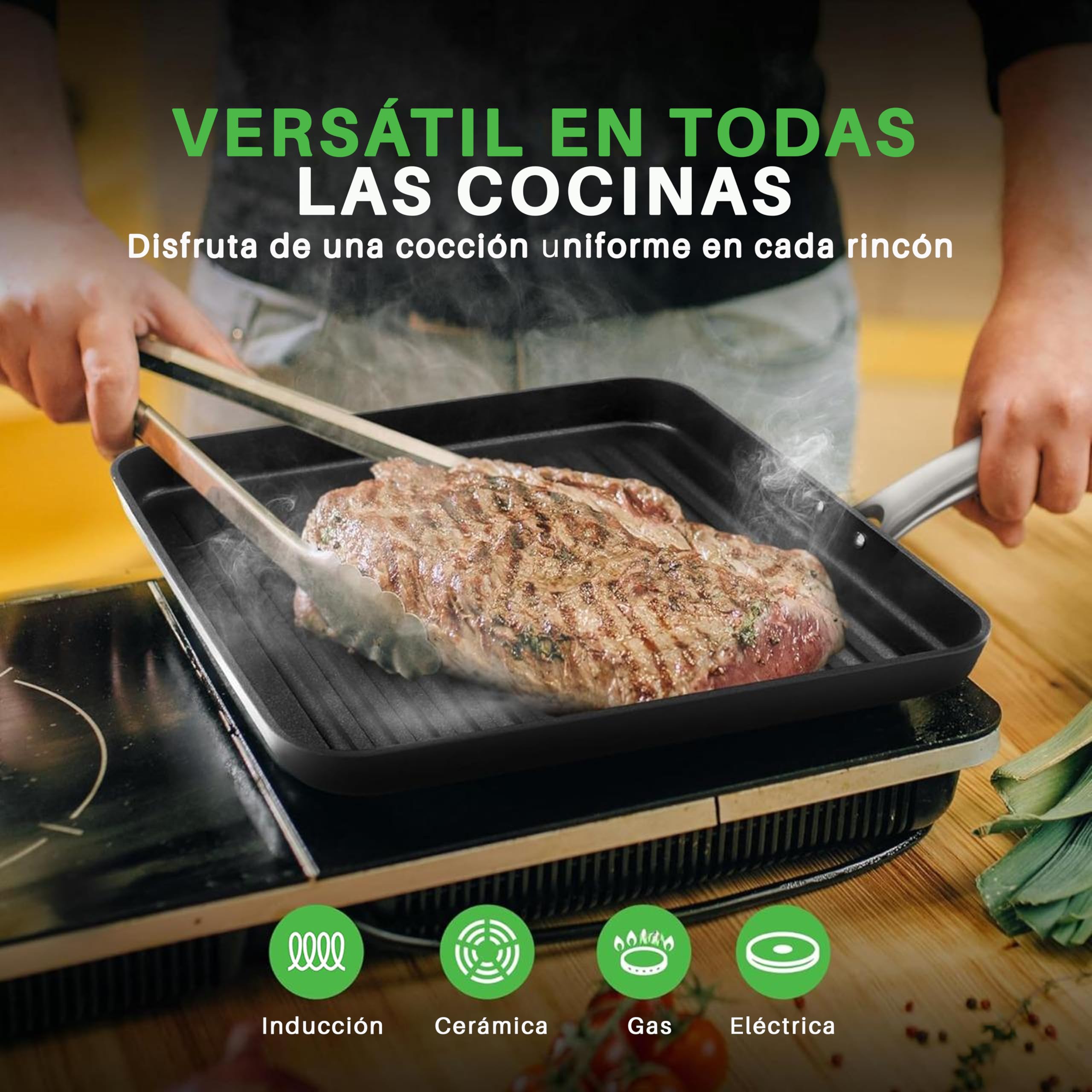 Nutrichef sarten parrilla, Grill, 11”, Cuadrada, Anodizada, Asador, Plancha cocina, Antiadherente, Asas reforzadas, Apto para lavavajillas