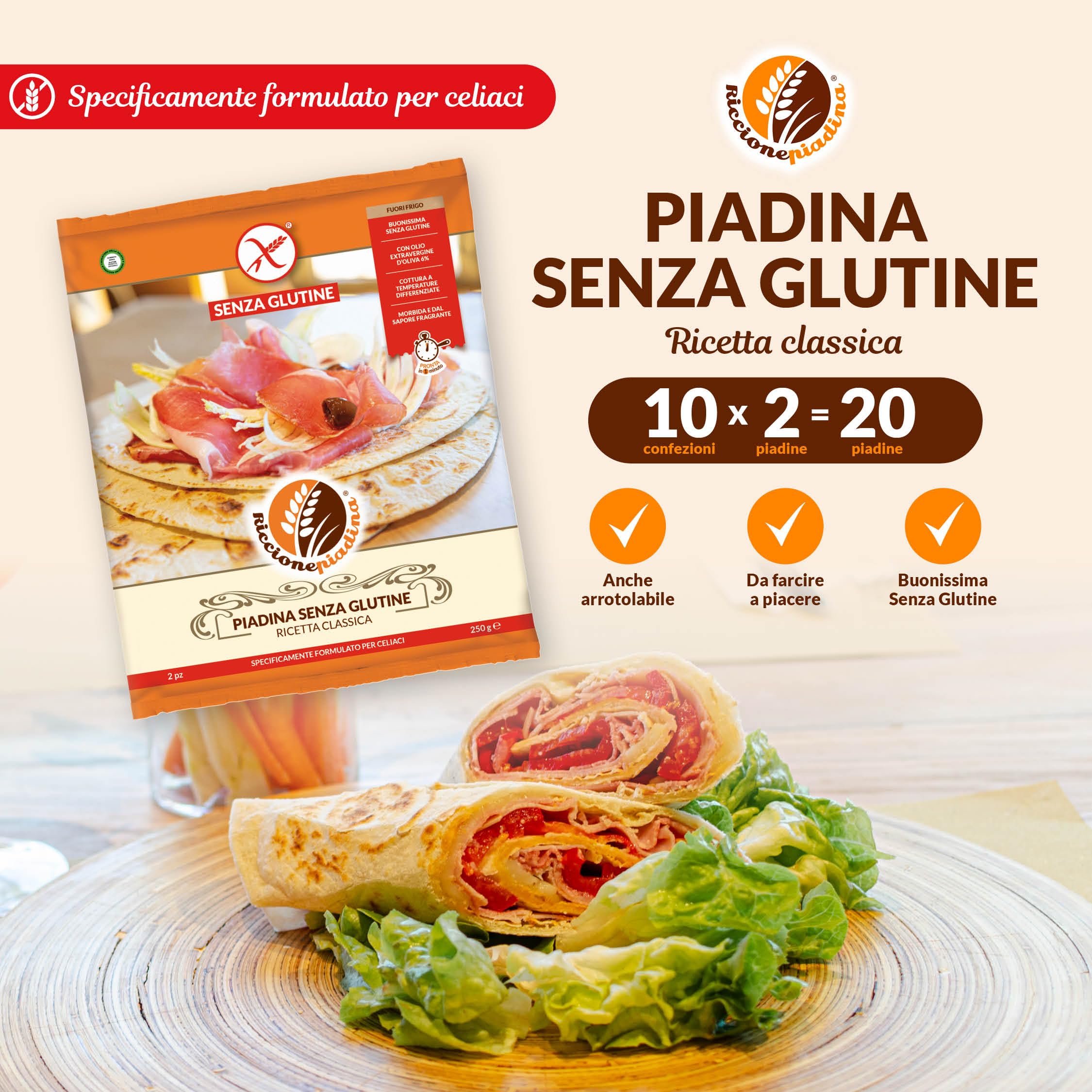 Piadina Senza Glutine Fuori Frigo - 10 Confezioni da 2 Piadine (250 g) - Morbida con Olio Extravergine d'Oliva, Vegana, Marchio Spiga Barrata AIC