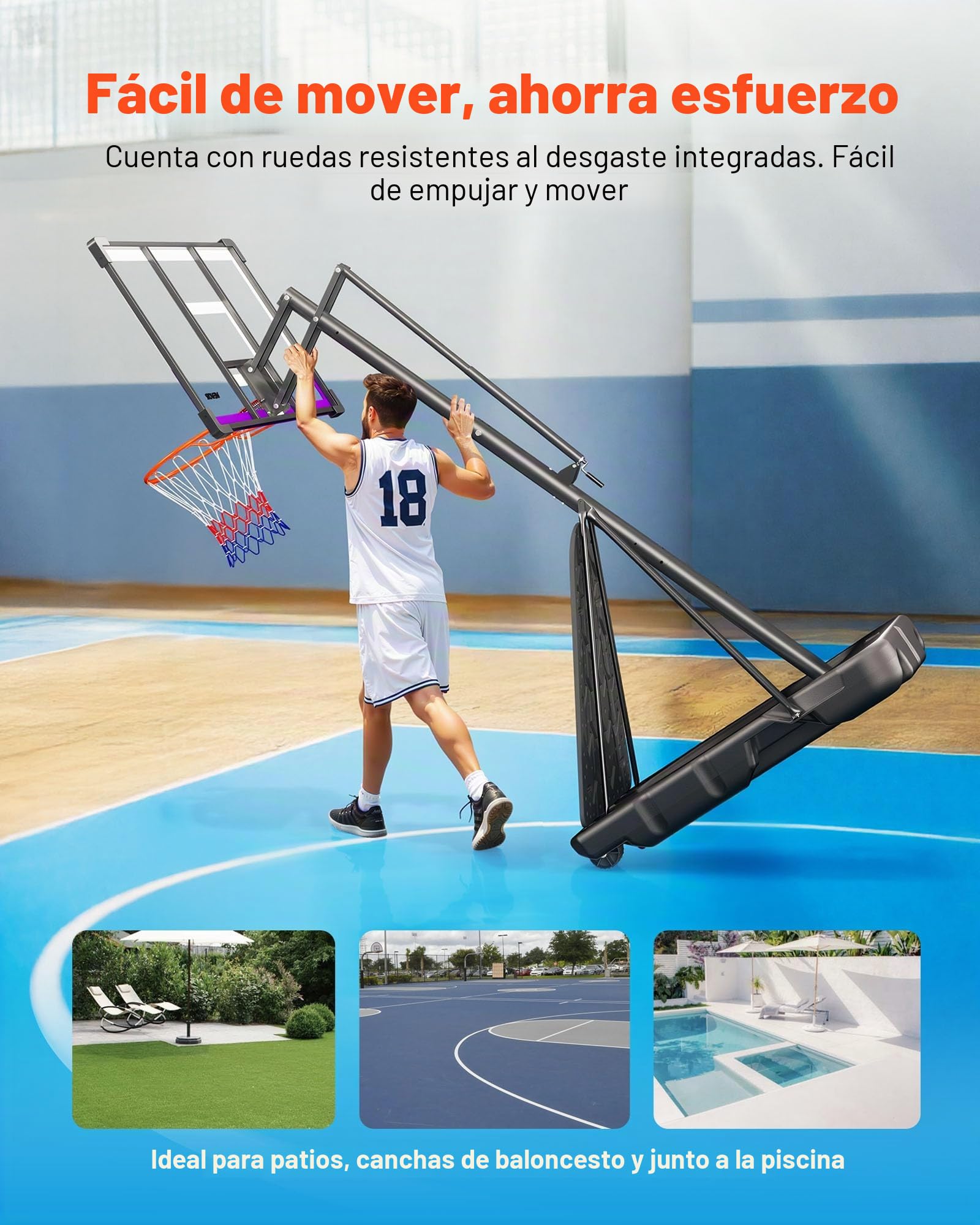 VEVOR Canasta de Baloncesto Portátil, Aro de Baloncesto Ajustable en Altura Manual hasta 3,05 m, con Tablero de Policarbonato de 1219,2 mm, Ideal para Terrazas y Colegios, 1210 x 2060 x 3650 mm
