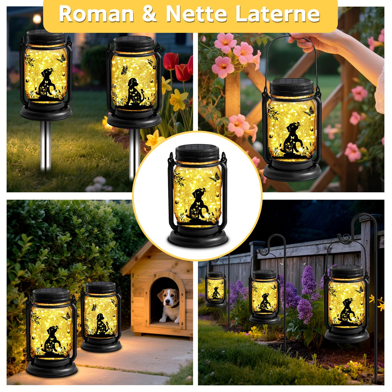 YJFWAL Hund Solar Outdoor Laternen wasserdicht, Hund für Frauen Mutter Weihnachten, 3-in-1 Maurer Glas hängende Laternen mit Stake, Garten Dekor Lichter für Patio Hof Veranda Rasen Balkon