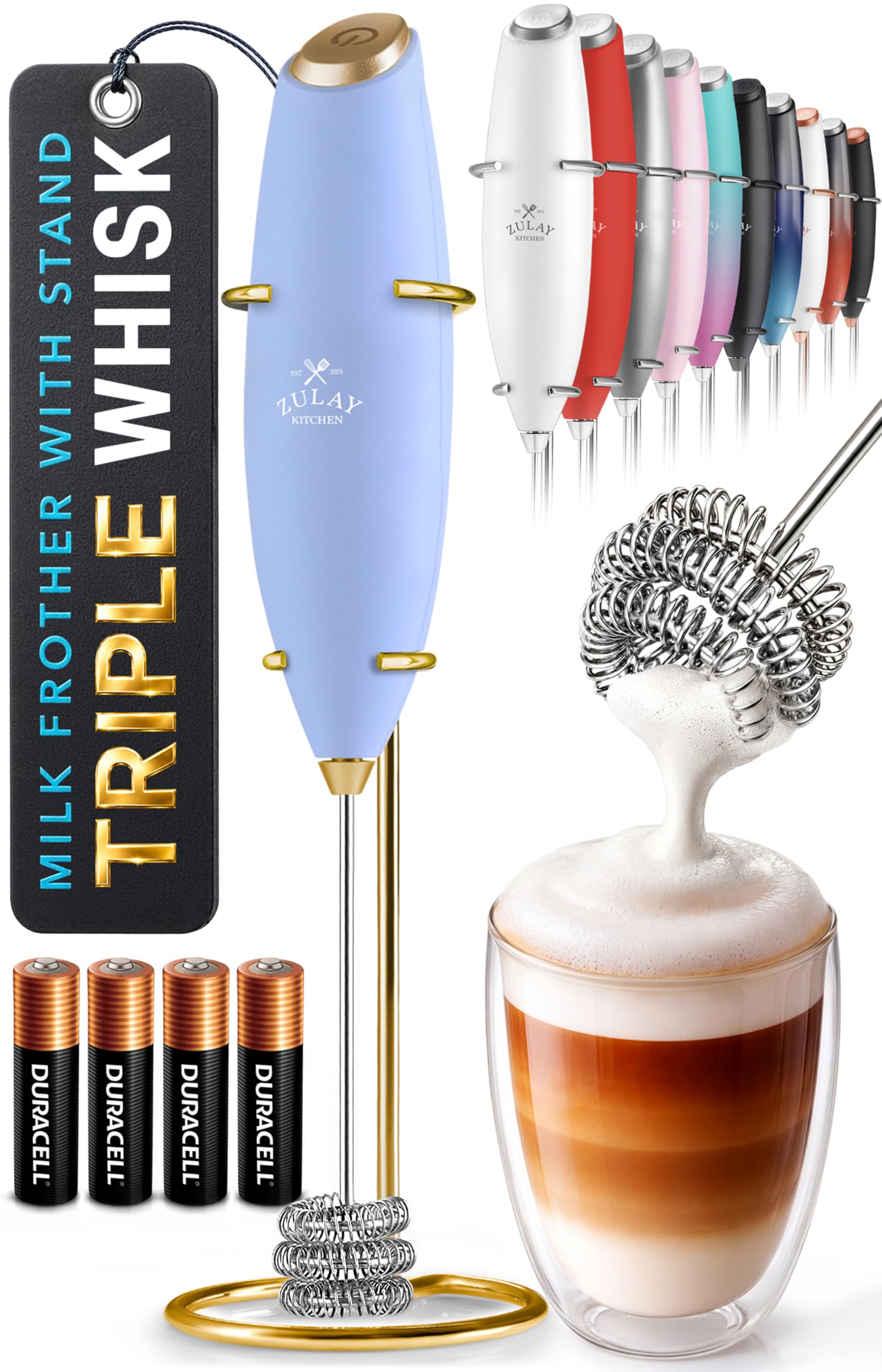 Zulay Kitchen Powerful Milk Frother Wand With Duracell Batteries - Ultra Fast Handheld Drink Mixer - Electric Whisk Foam Maker for Coffee, Lattes, Cappuccino &amp; Matcha - Triple Whisk - Noble Lavender