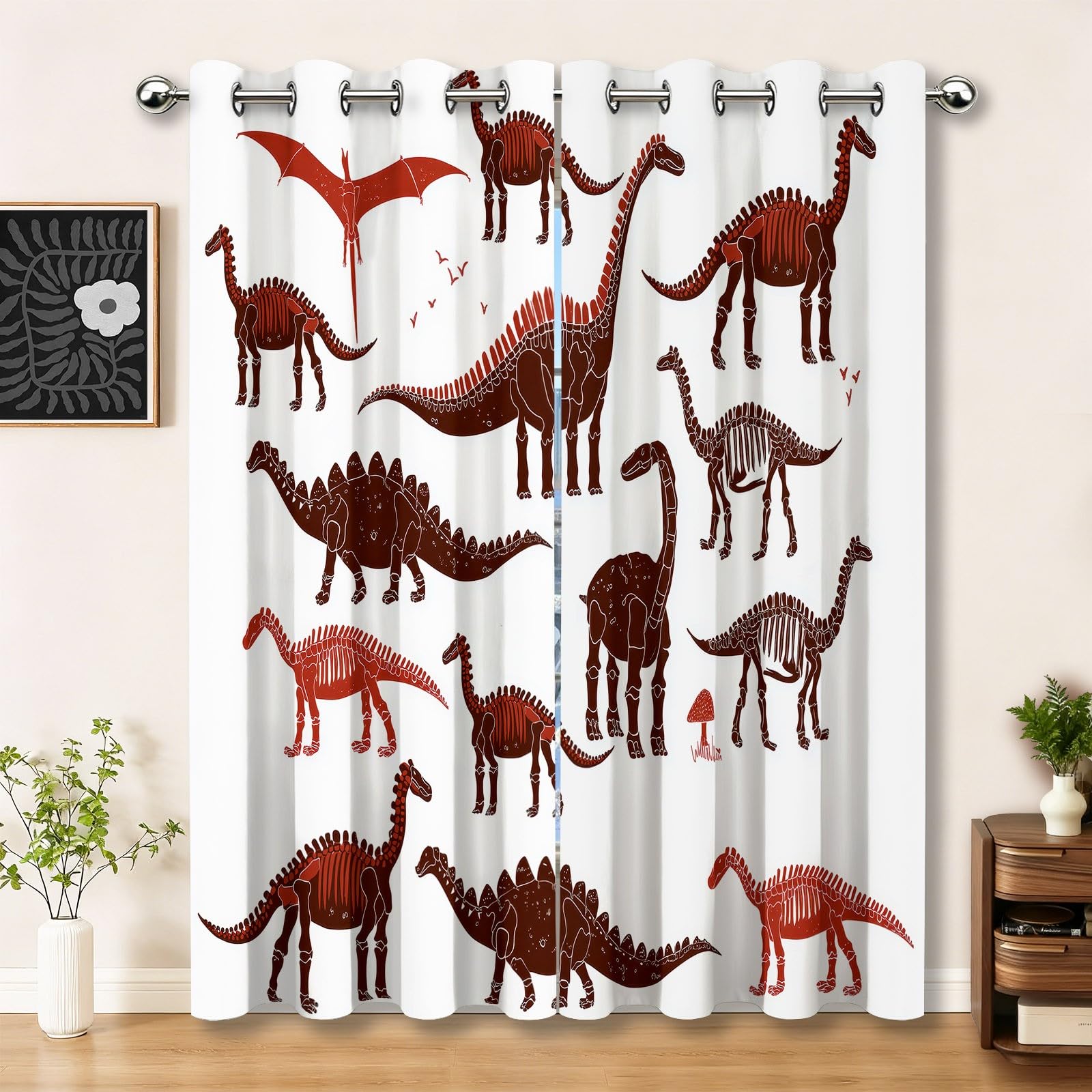 Rideaux Isolants 110L X 215H cm (2 Panneaux), Design Moderne Squelette De Dinosaure Marron, Tenture Opaque Anti-Chaleur pour Chambre Principale, Blanc