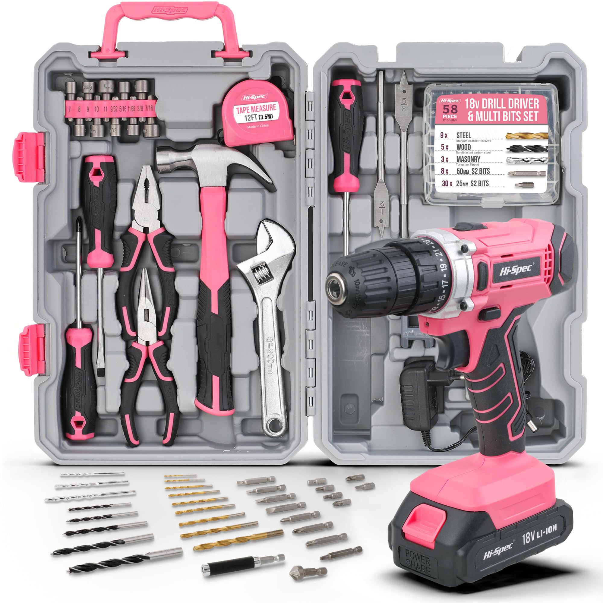 Hi-Spec Caja de Herramientas con Taladro Inalámbrico18V, Rosa | 81 piezas, brocas, destornilladores, alicates y llave, maletín para bricolaje en casa y taller, uso diario
