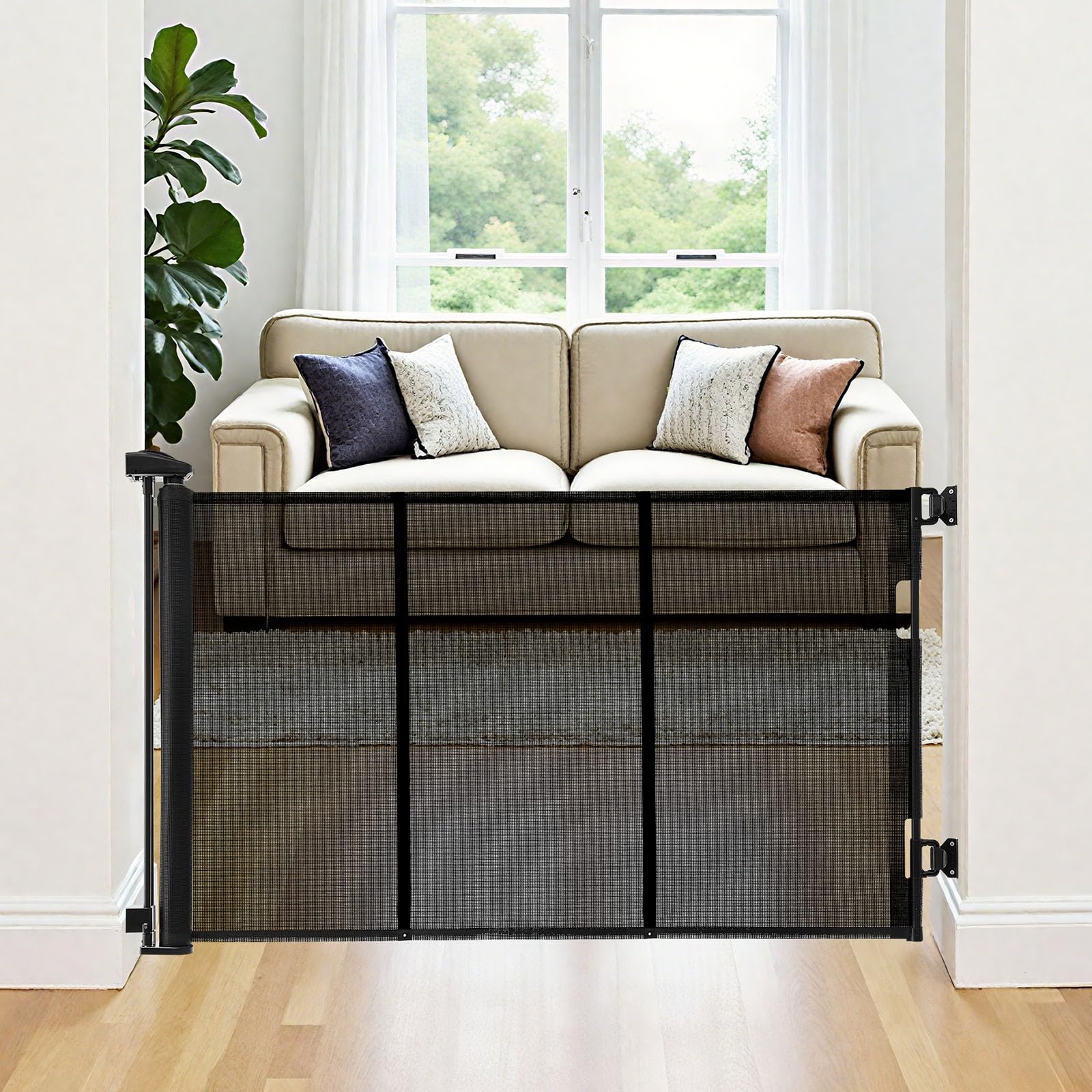 VEVOR Barrière de Sécurité Extensible, Clôture en Maille Jusqu’à 310 cm de Large et 79,5 cm de Haut, Barrière Rétractable avec Bandes Renforcées en Fibre de Verre, pour Couloir Escalier Porte, Noir