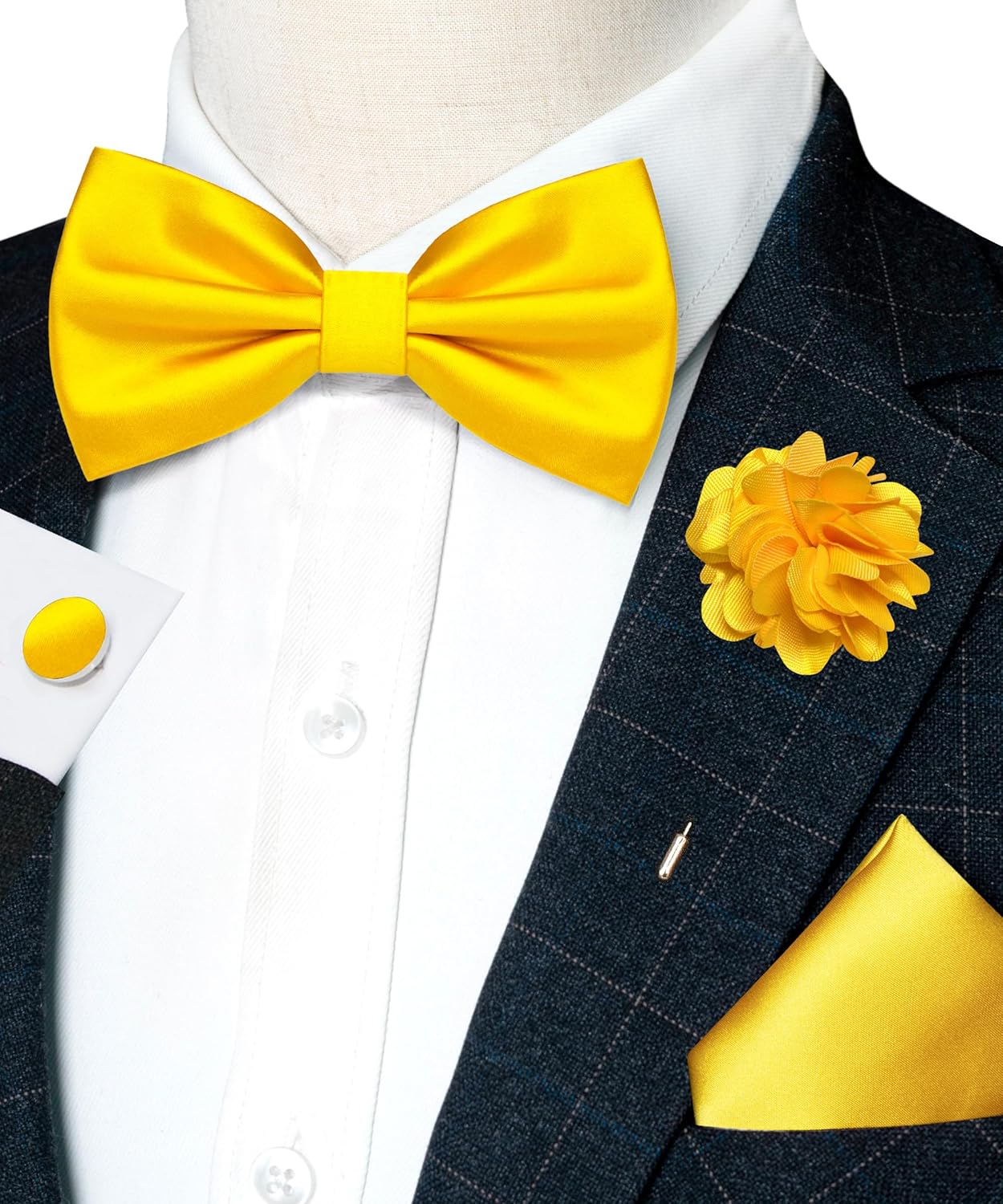 RBOCOTT Solid Color Bow Tie and Pocket Square with Lapel Pin Cufflinks Set 4PCS - Image 2