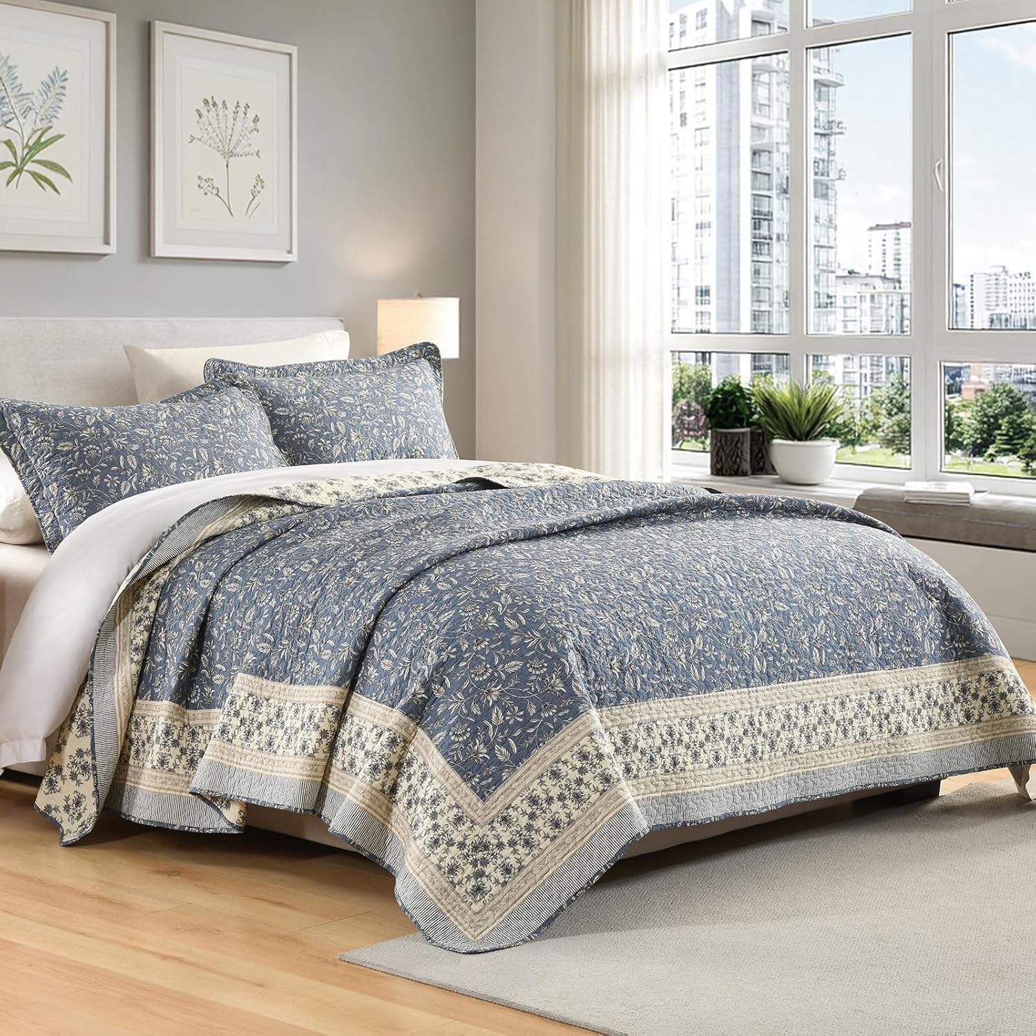 PERHOM Queen Size Quilt Set, 3 Pieces 100% Cotton Queen Quilted Bedding with 2 Pillow Shams, Farmhouse Vintage Vine Pattern, Lightweight Reversible Coverlet Bedspread, Grayish Blue/Beige