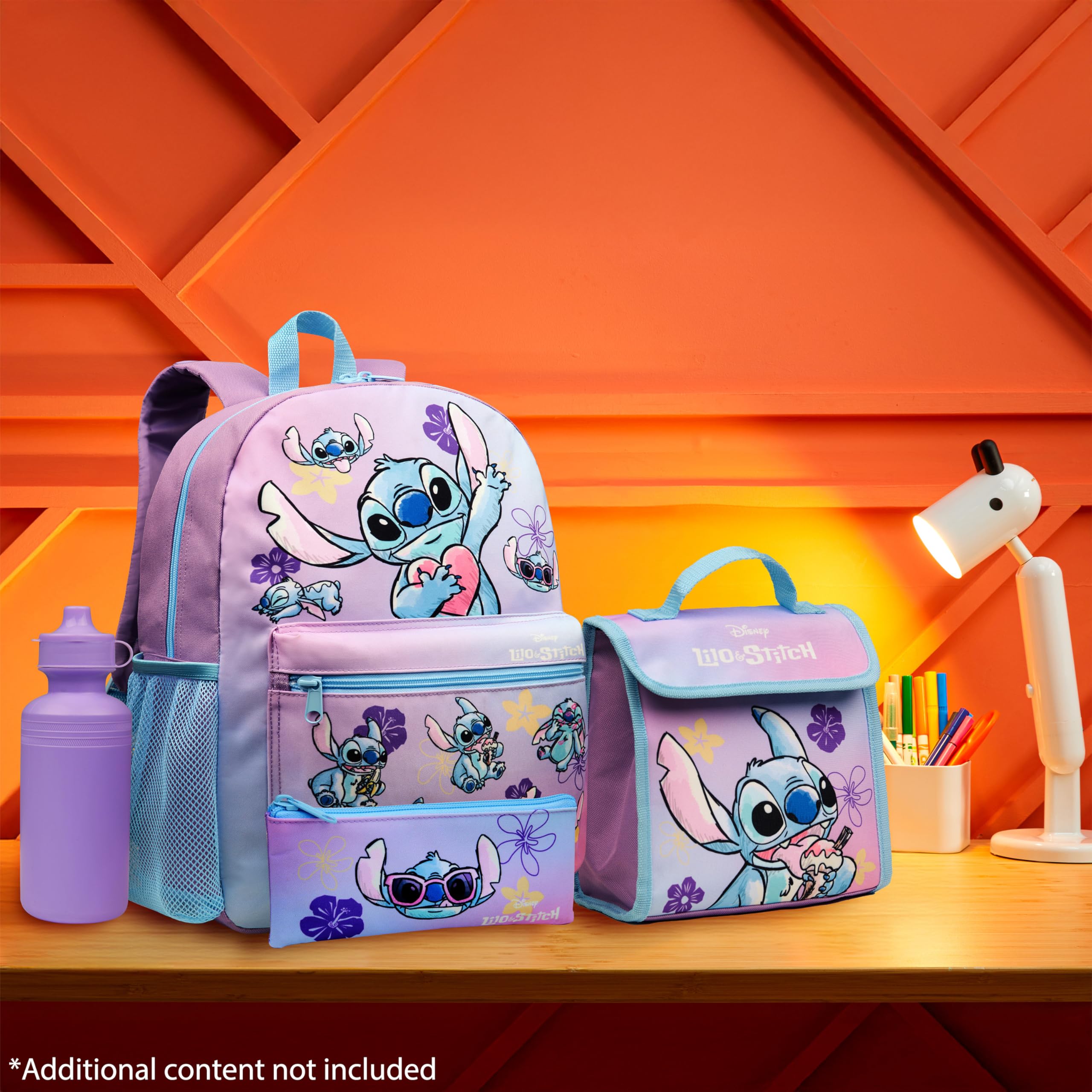 Disney Stitch Mochila Escolar Niña Adolescente Chica con Estuche Infantil Botella de Agua y Bolsa de Almuerzo Set de Material Escolar 4 Pzs