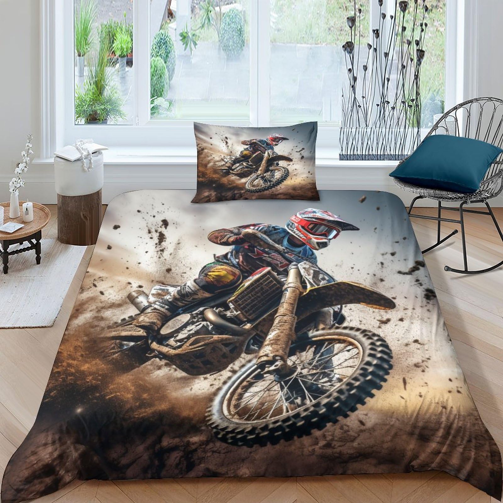 BARDYS Motocross Duvet Cover Set for Childrens And Adults 3D Printed Bedding Set Motorbike Comforter Cover Soft Microfiber with Zipper Quilt Cover with Pillowcaser Single（135x200cm）