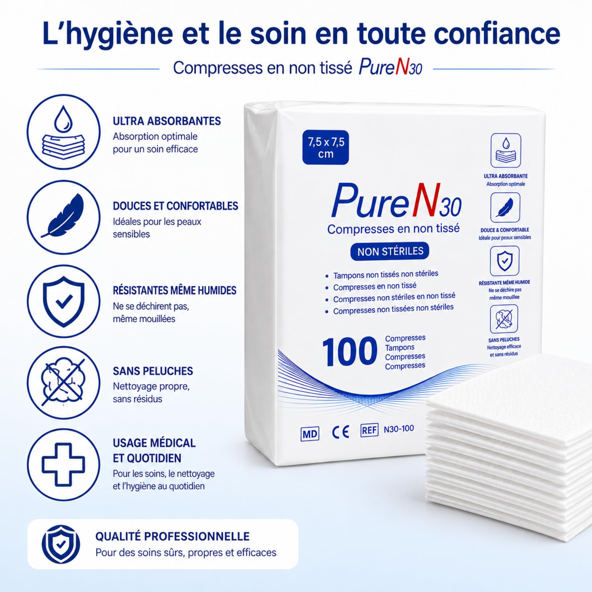 Lot de 10 Sachets de 100 Compresses Non Tissées Non Stériles (7,5 x 7,5cm) – Hypoallergéniques, Ultra-Absorbantes – Usage Médical et Domestique – Le Pro du Médical