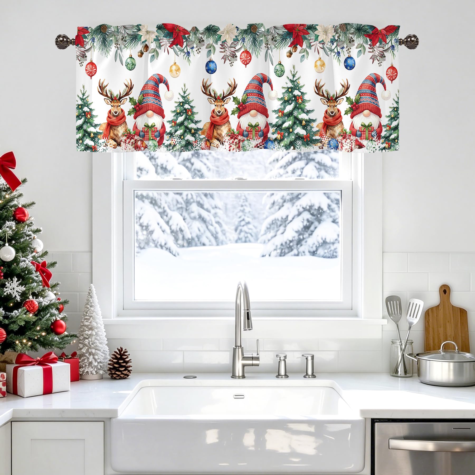 Christmas Snowman Valance for Windows,Window Treatment Curtains Rod Pocket Sheer Small Short Valance for Kitchen Bathroom Laundry Basement,42Wx12L inch,Snowflake Pine Tree Ball Xmas Winter